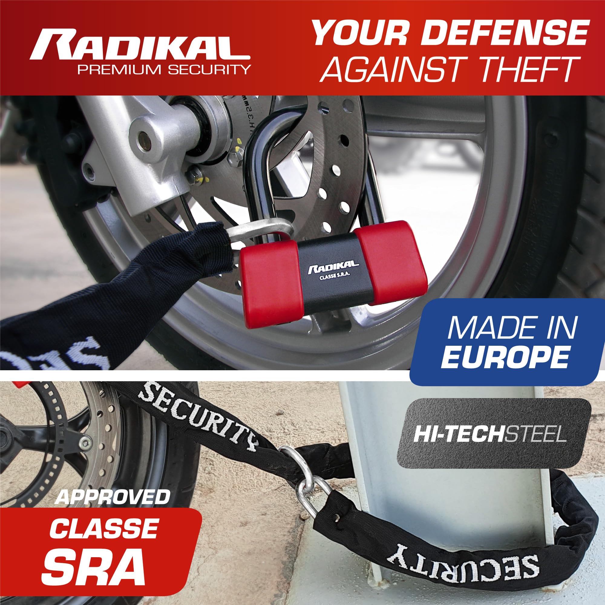 RADIKAL RK75120 Schijfvergrendeling Schijfslot Ketting Met Hoge Beveiliging Motorfiets Antidiefstal Gehomologeerd CLASSE SRA, 120 cm, Gemaakt in Europa