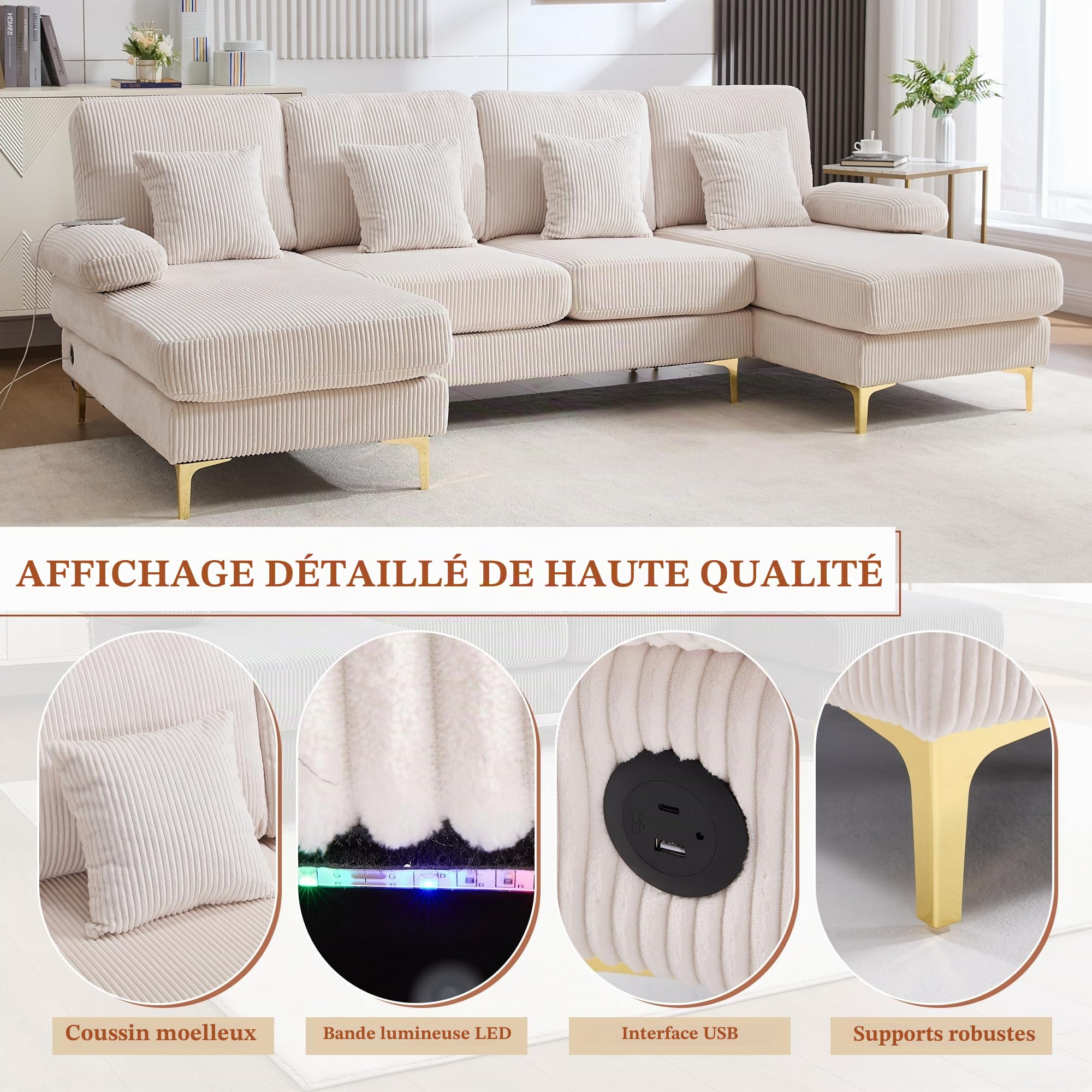 Canapé Moderne en Forme de U avec éclairage d'ambiance LED et Port USB Type C,canapé 4 Places avec 4 Coussins Luxueux et Dossier Ergonomique Haut de Gamme