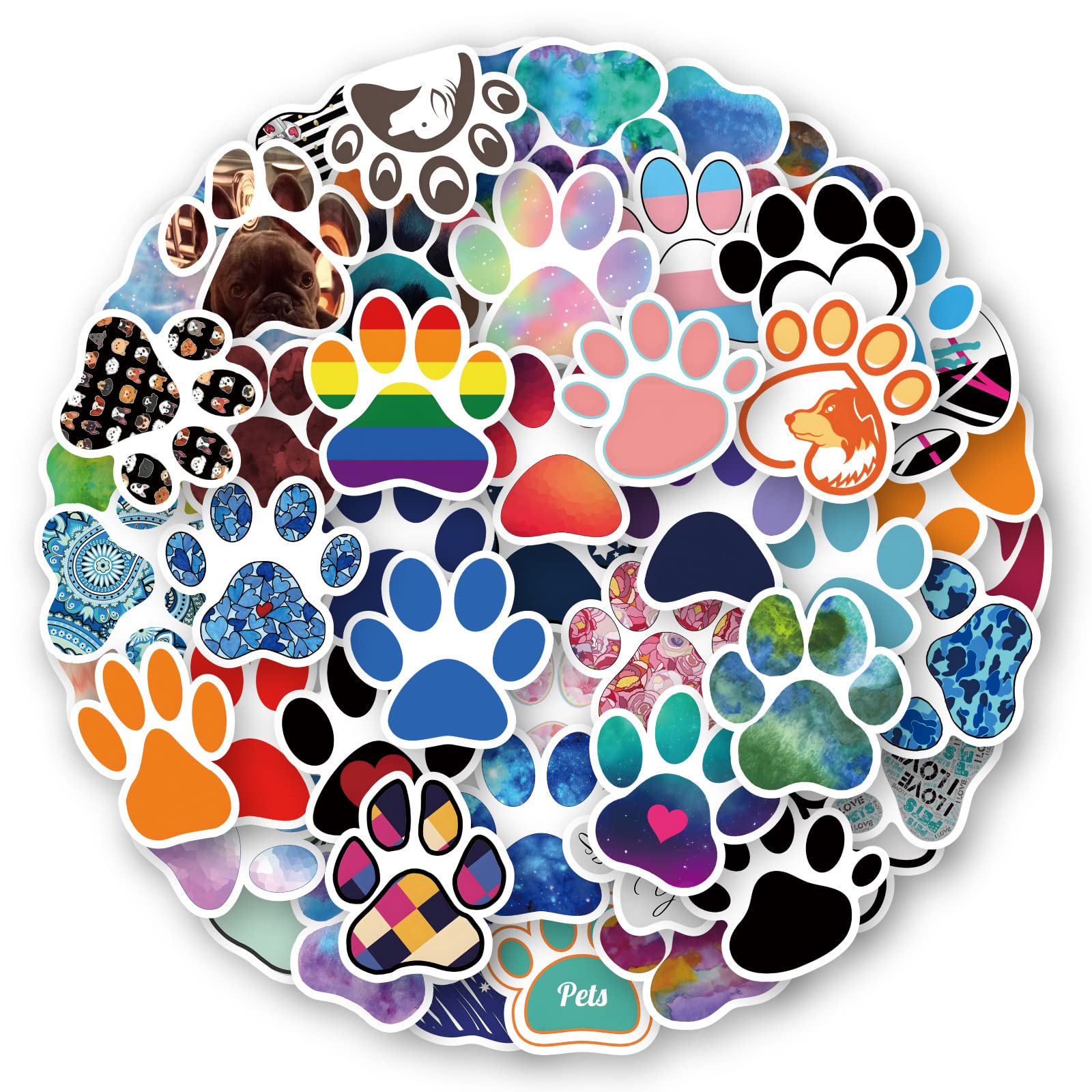 Auceko Girls Paw Print 60Pcs Stickers - Vinyl Skateboard, Guitar, Door, Laptop, Luggage, Car, Bike, Water Bottle, Birthday Party Supplies