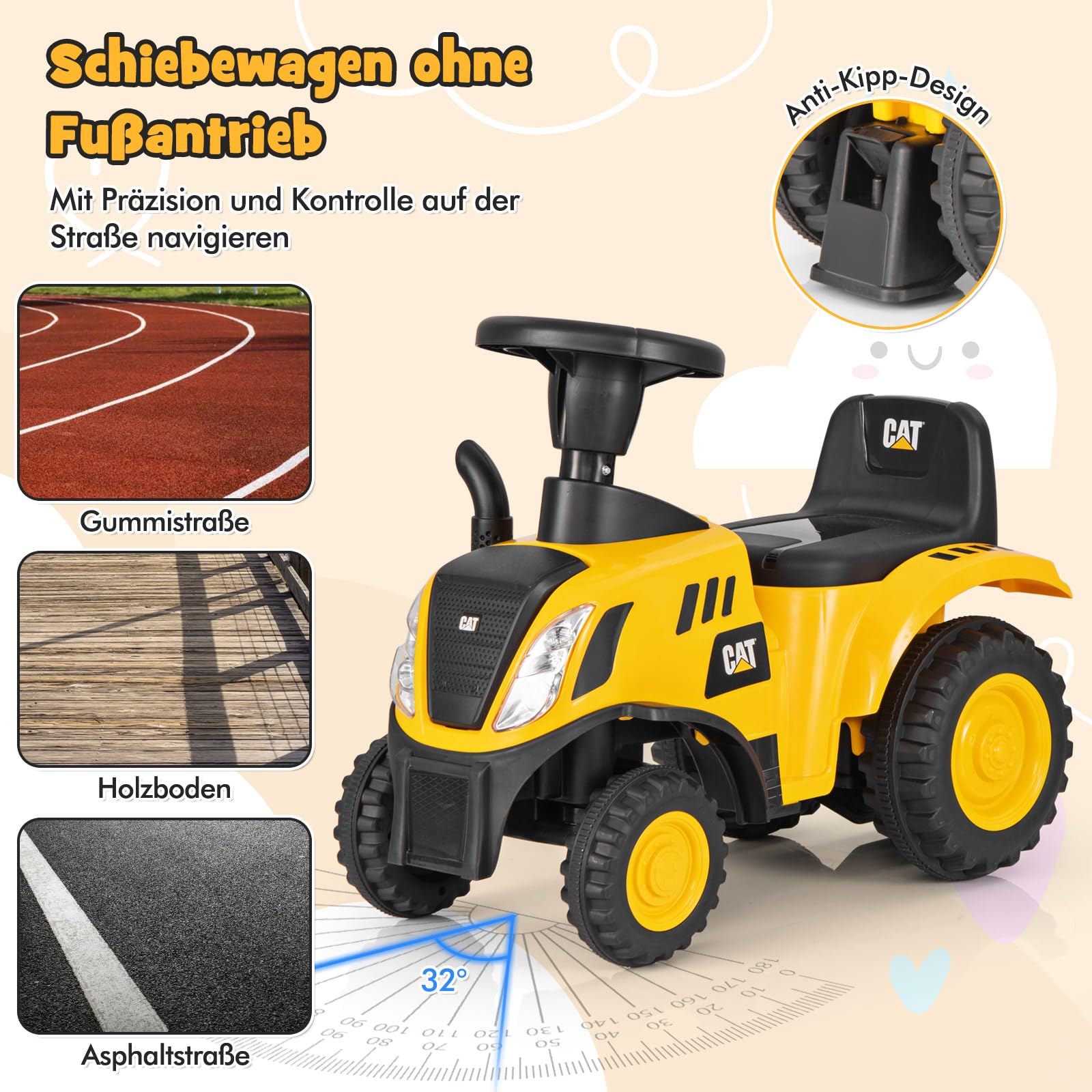 COSTWAY Rutschauto mit abnehmbarem Anhänger, Rutscher Traktor mit Schaufel & Rechen, Rutschfahrzeug mit Hupe, Motorsound & LED-Leuchten, für Kinder ab 1 Jahr