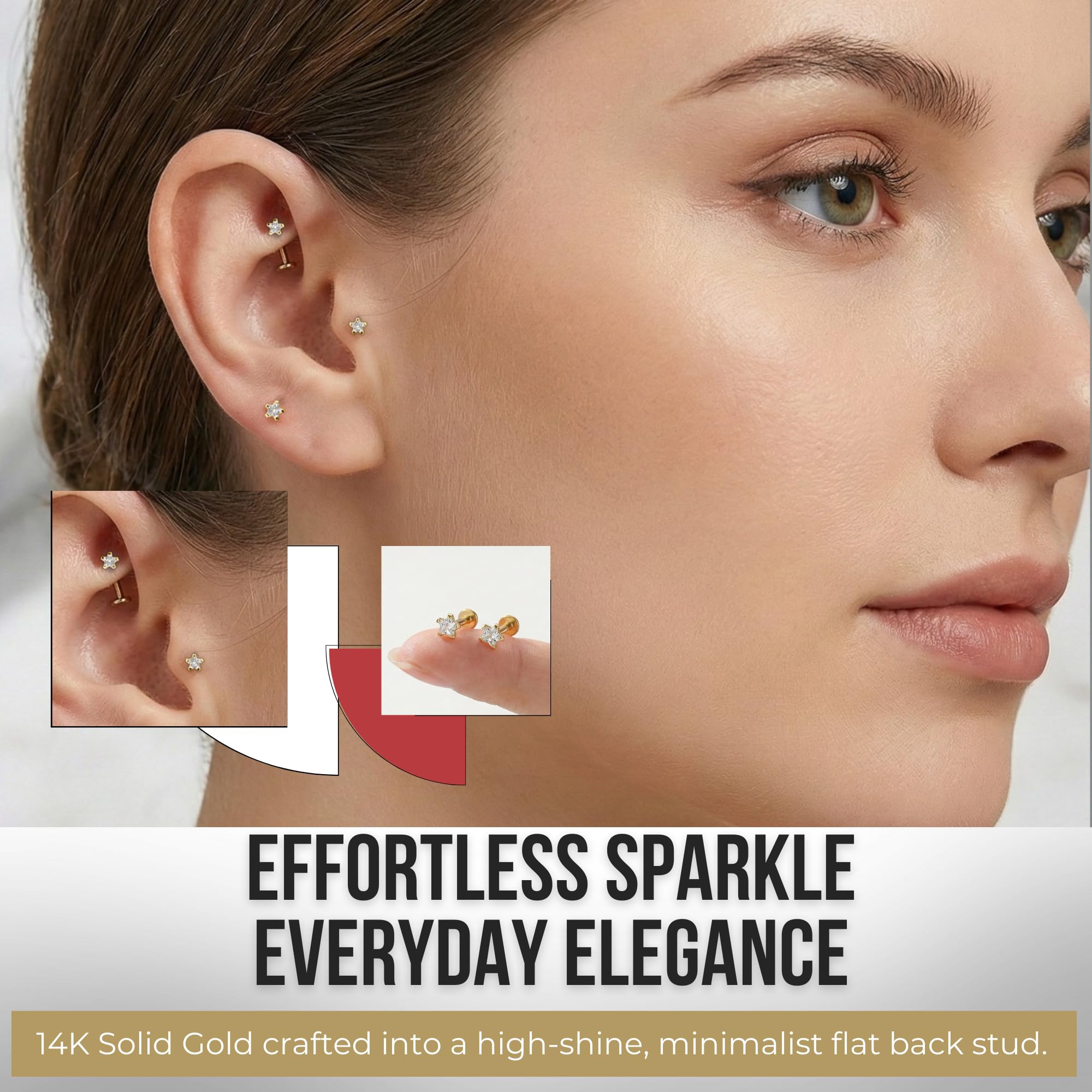 14K Solid Gelb Gold Klaue Set 3 MM Star CZ Stein internen Gewinde Top 16 Gauge Hollow Lippe Labret Tragus Bar Piercing-Schmuck