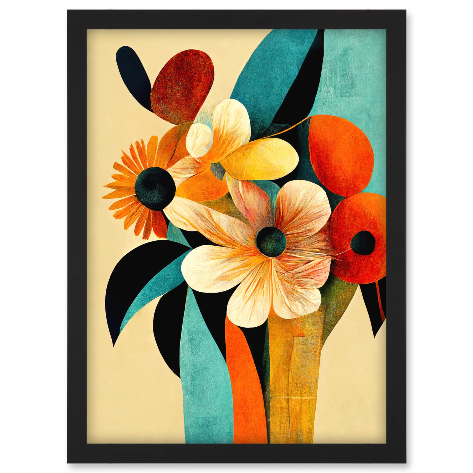Doppelganger33 LTD Vibrant Modern Abstract Oil Painting Summer Flower Bouquet Teal Orange Artwork Framed A3 Wall Art Print