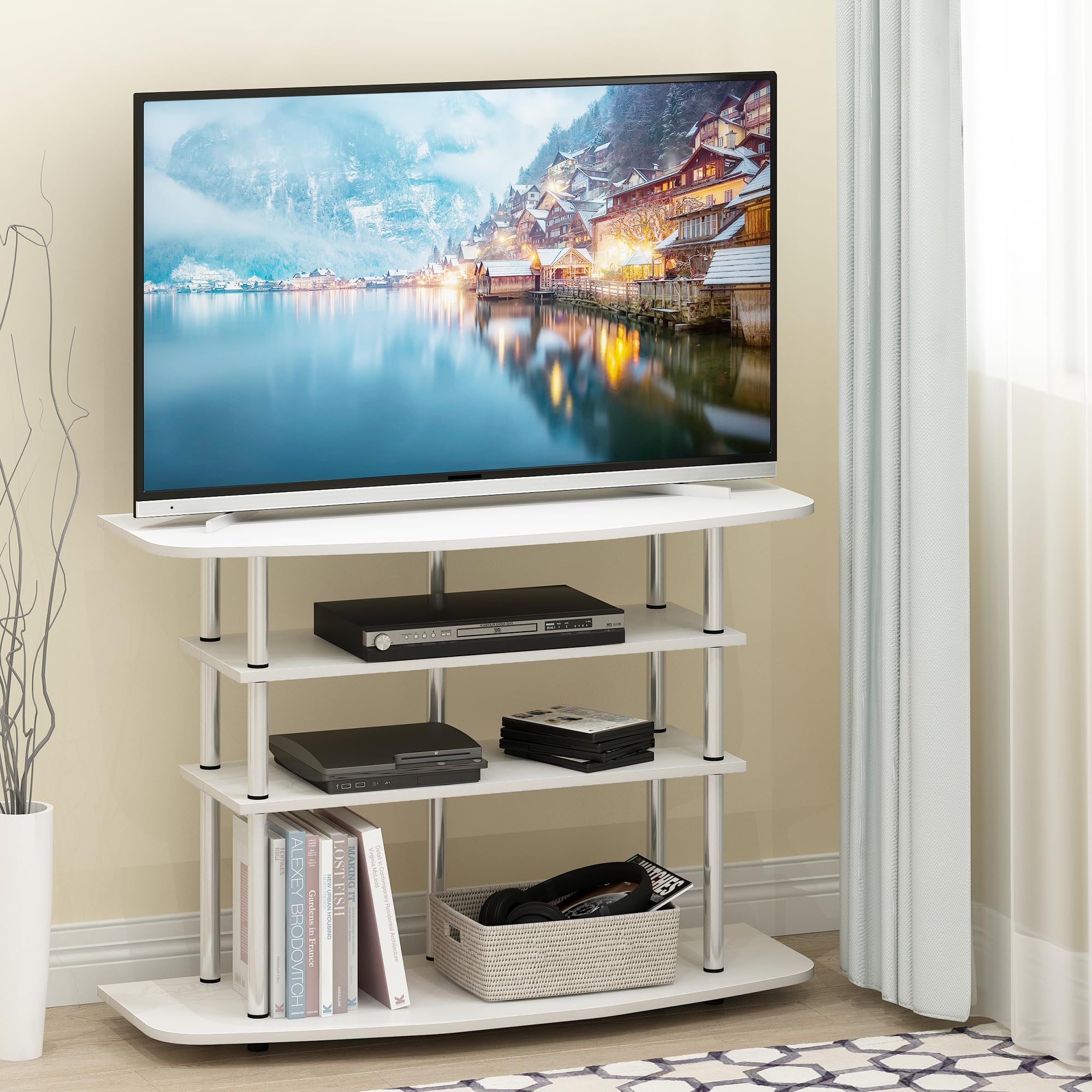 Furinno Turn-N-Tube Toolless Assembly 4-Tier TV Stand, White Wood