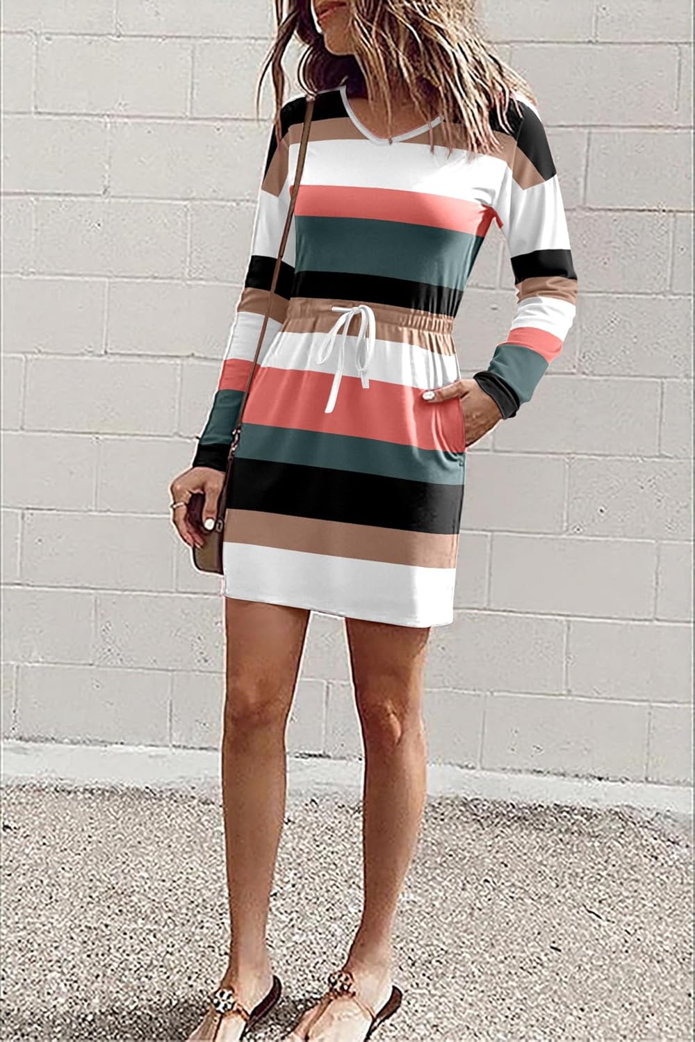 LUXVEER Women's Long Sleeve Dress V Neck Drastring Waist Casual Short Mini Dresses 2025 Trendy Fall Outfits - Image 9