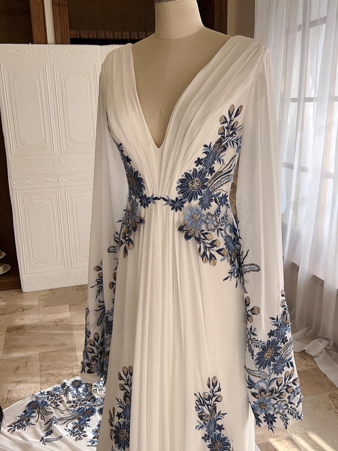 Boho Long Sleeve Wedding Dresses for Bride Blue Floral Embroidered Chiffon V Neck Maxi Bridal Gowns with Train - Image 5