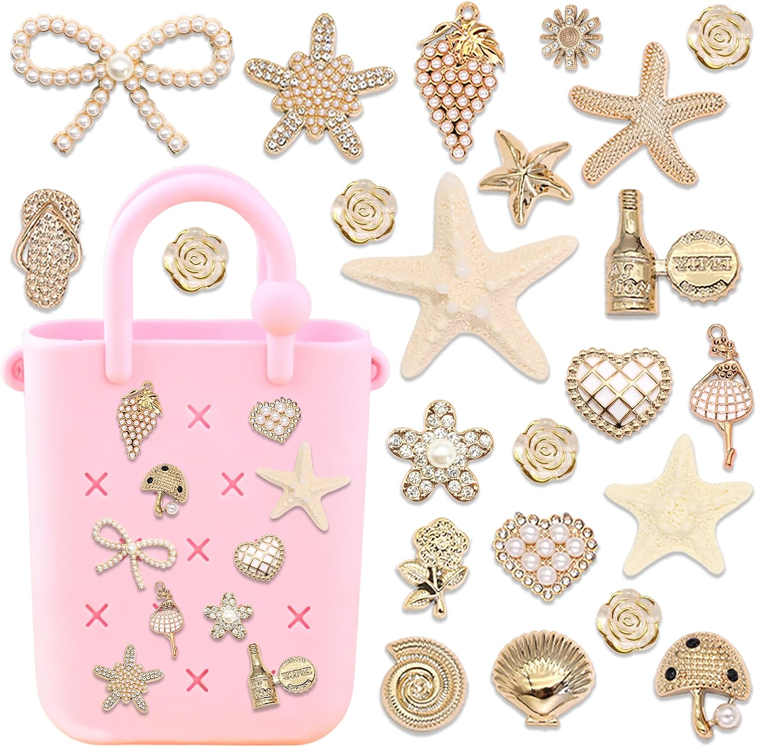 BELICEY 23PCS Beach Charms for Rubber Bag Gold Starfish Hole Bag Charms Elegant Bow Heart Flower Holiday Bags Decorative Accessories for Women Girls DIY Ocean Totes Bags