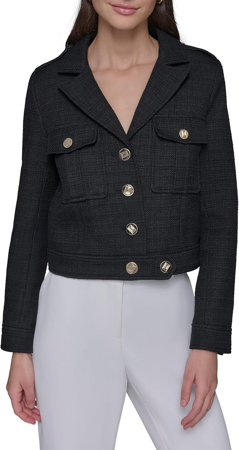 KARL LAGERFELD womens Everyday Collared Essential Cropped Tweed Jacket