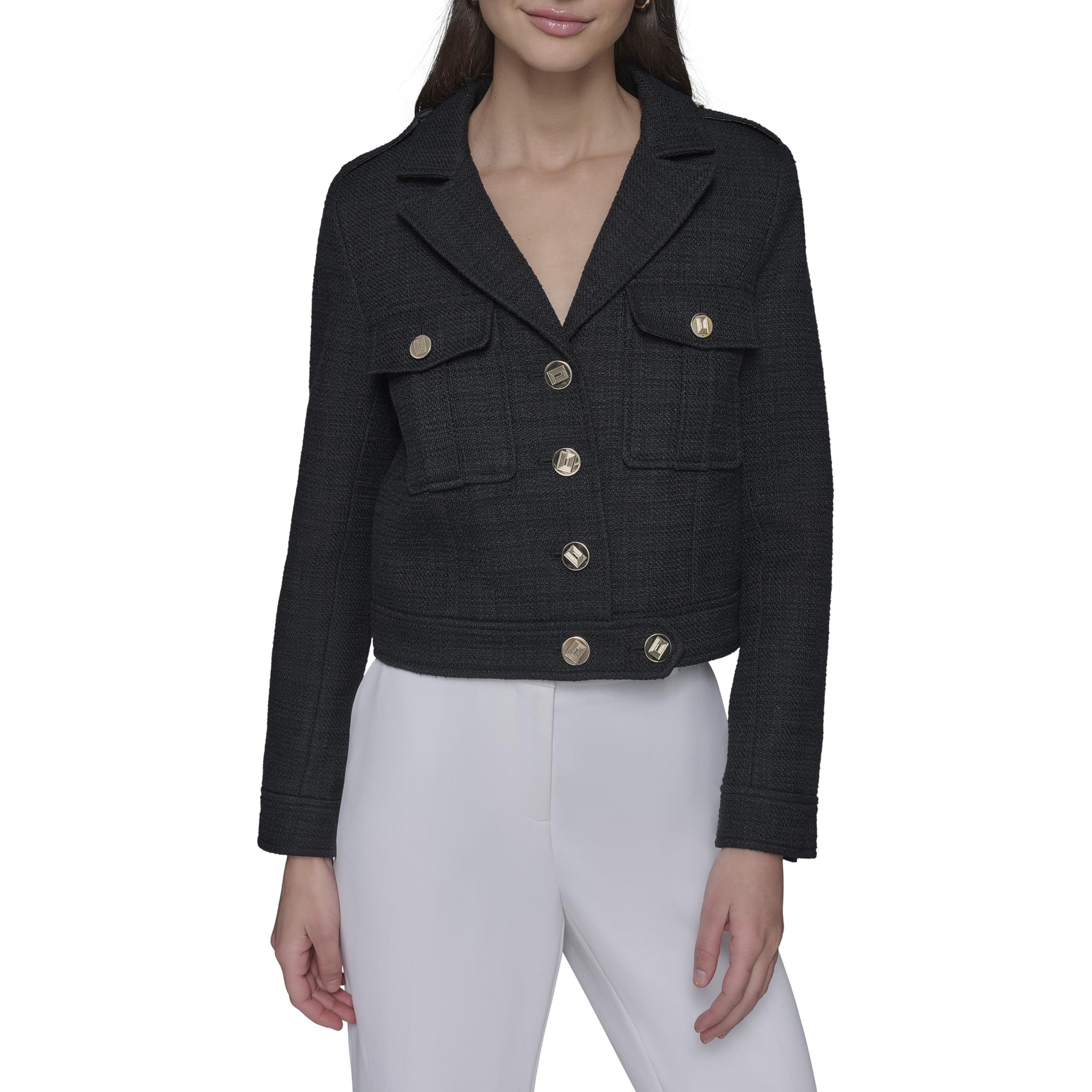 KARL LAGERFELD womens Everyday Collared Essential Cropped Tweed Jacket