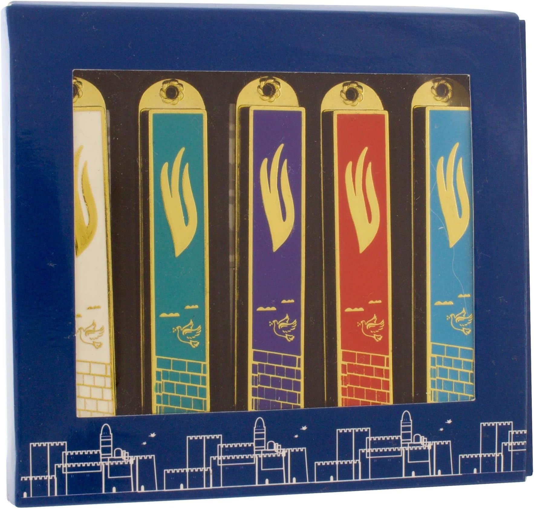 Meir Cohen Pack of 5 Assorted Colour Enameled Metal Mezuzah Cases, 8.8cm, Western Wall