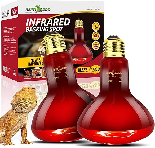 REPTI ZOO Bombilla de calor infrarroja de 150 W para reptiles, paquete de 2 focos infrarrojos para reptiles y anfibios, dragón barbudo, tortuga de
