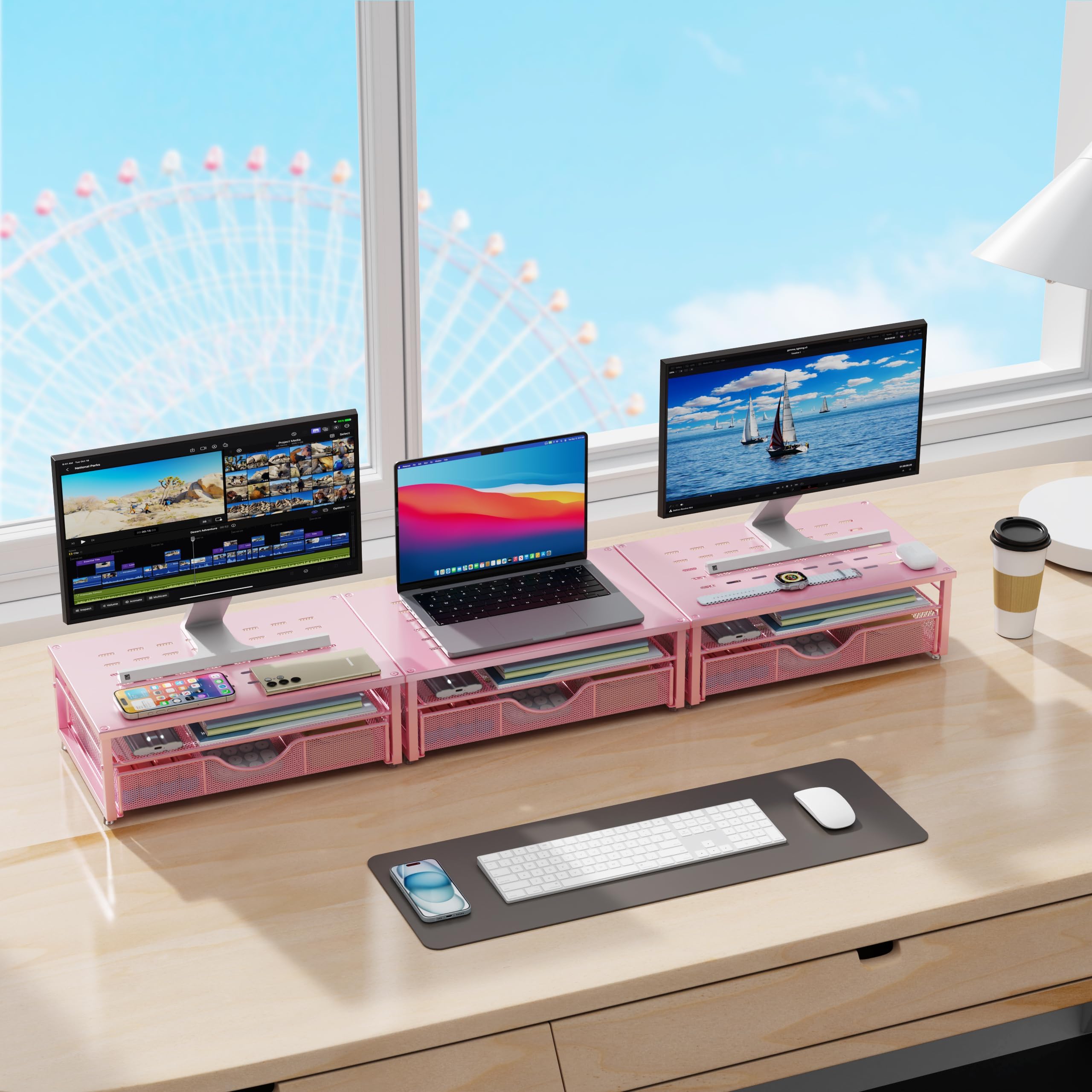 Support pour écran d'ordinateur, organiseur de bureau et accessoires avec tiroir, accessoires de bureau et espace de travail pour imprimante (rose)