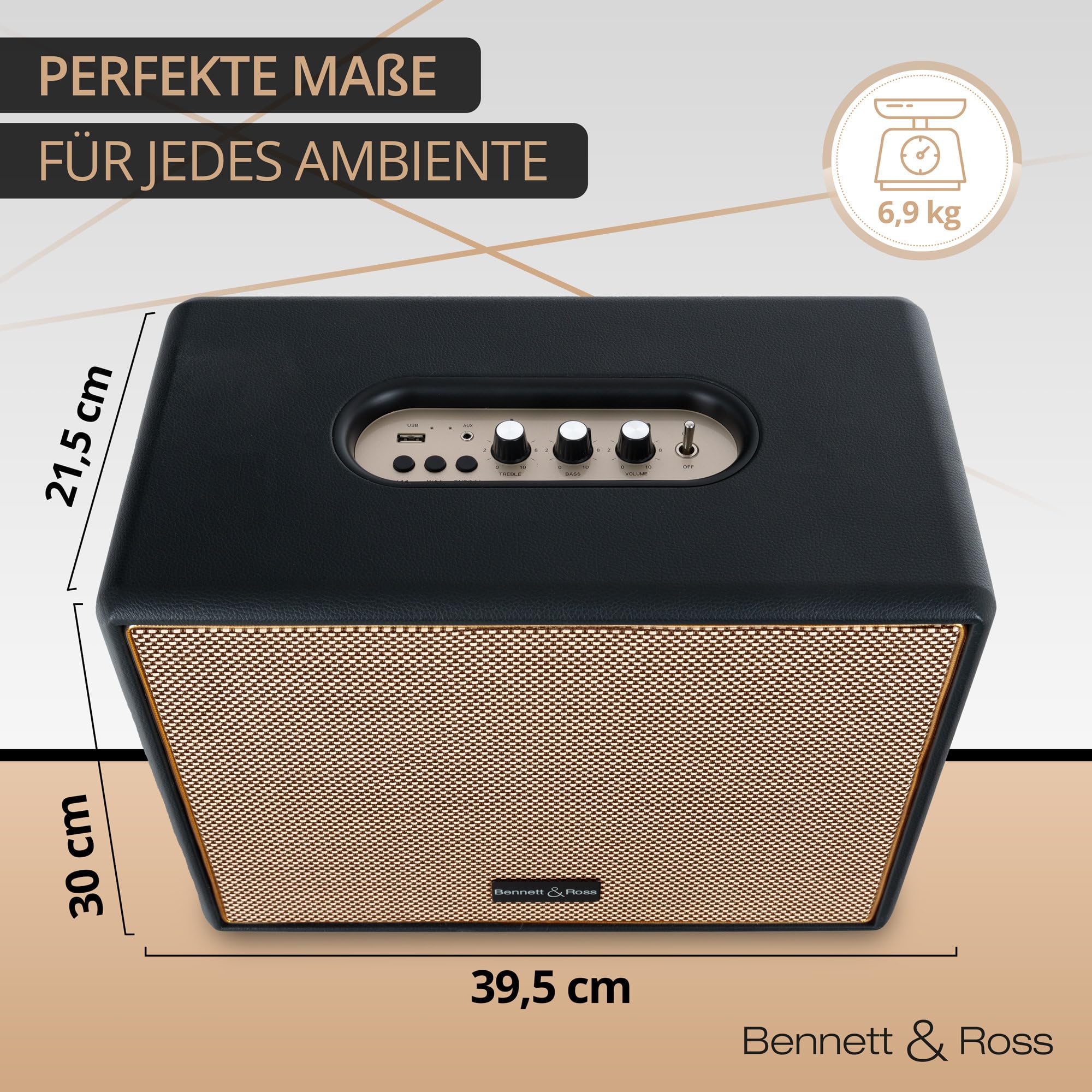 Bennett & Ross BB-880BK Blackmore Giant - Retro Bluetooth Lautsprecher in Lederoptik - TWS-Funktion - Vintage Speaker mit 2X 40W Leistung - USB-Eingang mit MP3-Player - Aux-Anschluss - Schwarz
