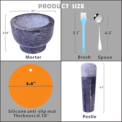 Miniatura 2 de Juego de mortero y mortero pulido mármol natural guacamole molcajete cuenco, molinillo de especias con almohadilla de silicona, cuchara y cepillo de