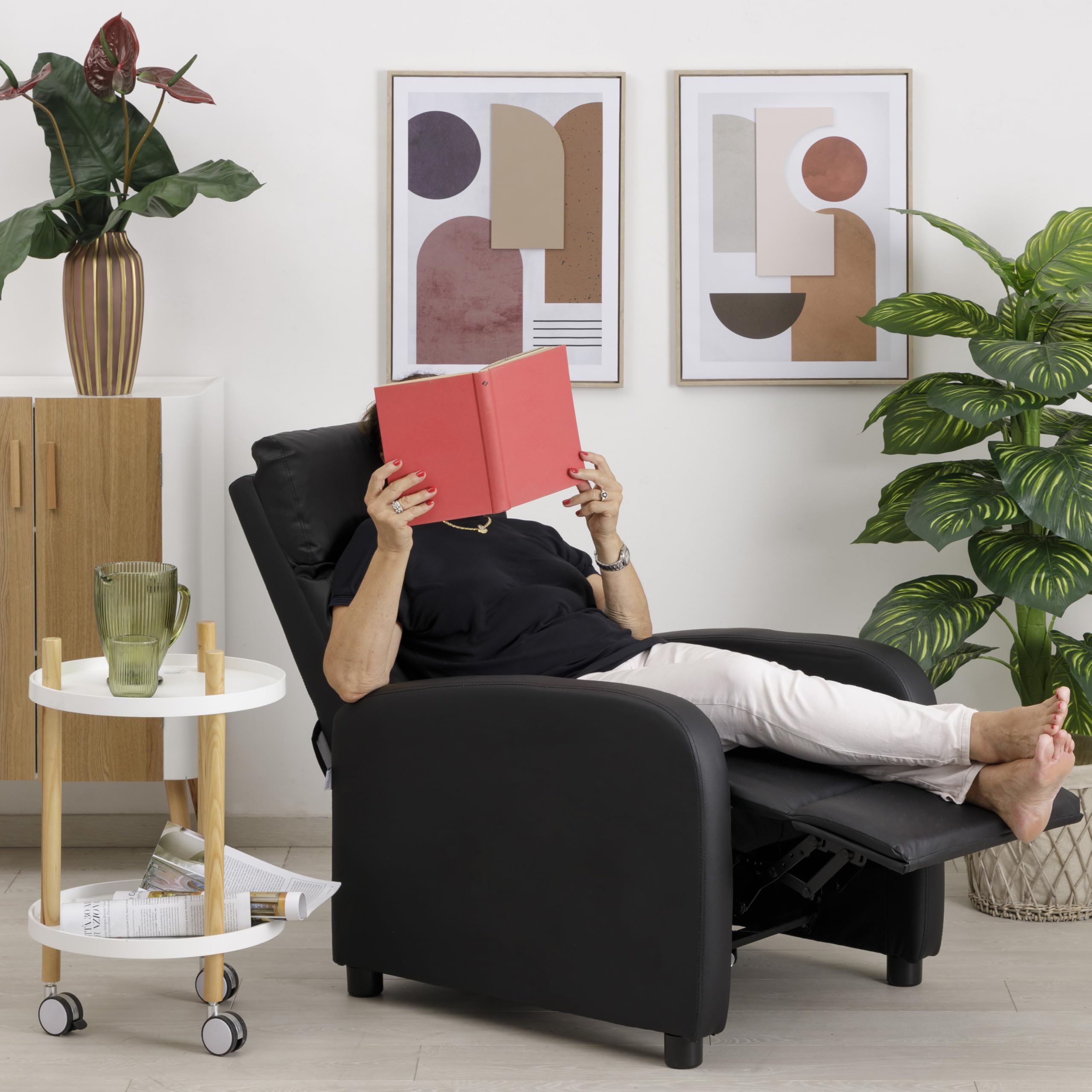 Baroni Home Poltrona Reclinabile in Soft Foam, con Recliner a Spinta, Poggiapiedi, Piedini Antiscivolo, Poltrona Relax Push-Back, Facile da Montare, Comoda, Nero, 66x75x99 cm
