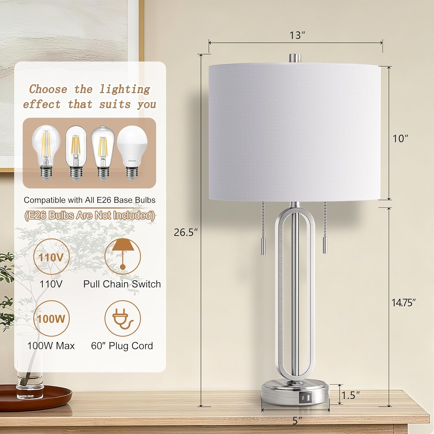 26.5’‘ Industrial Table Lamp Set of 2, Nickel Metal Bedside Lamp with USB C+ A Ports & Pull Chain, Modern Farmhouse Nightstand Lamp for Bedroom, Living Room, Home Office with White Shade