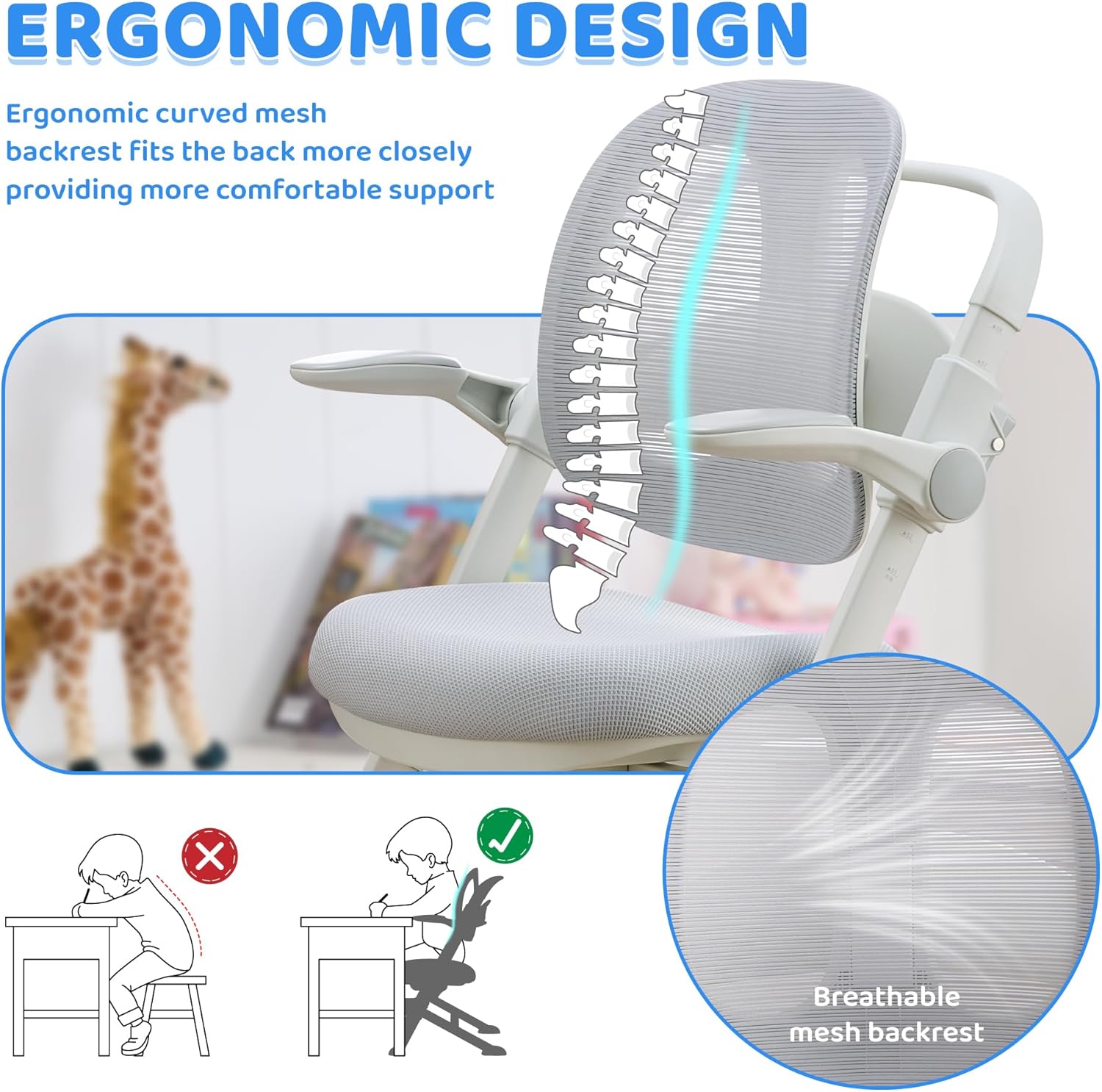 ERIYA Kids Desk Chair,Ergonomic Chair: Breathable Mesh Back, Adjustable Seat, Flip-Up Armrests, Footrest, Lumbar | Ideal for Kids, Petite Adults – Ultra-Comfy for Study/Work (Grey)
