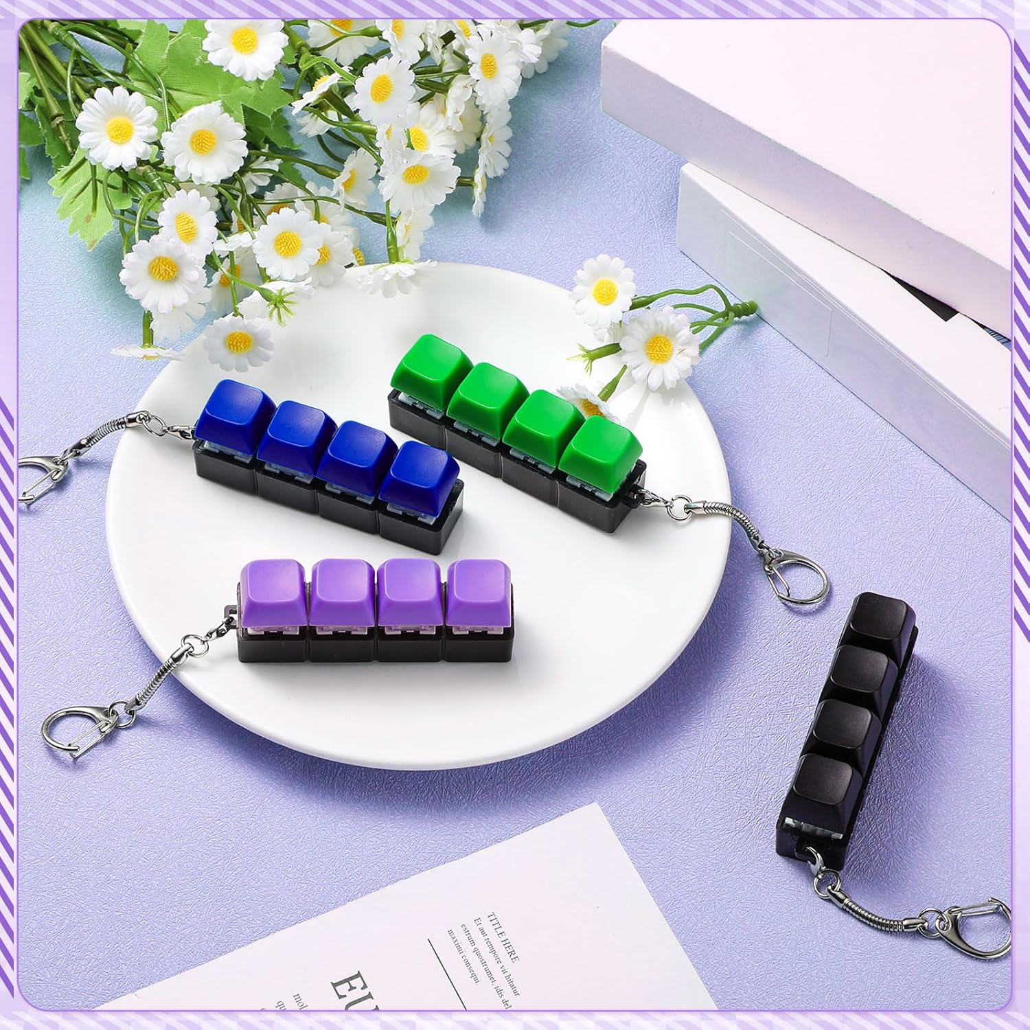 Halloscume 4 Pcs Keyboard Adult Fidget Toy Clicker Toy 4-in-1 Keyboard Fidget Keychain Cube Mechanical Key Button Clicker Stress Relief Gift for Office School Home to Pass The Time (Solid Colors)