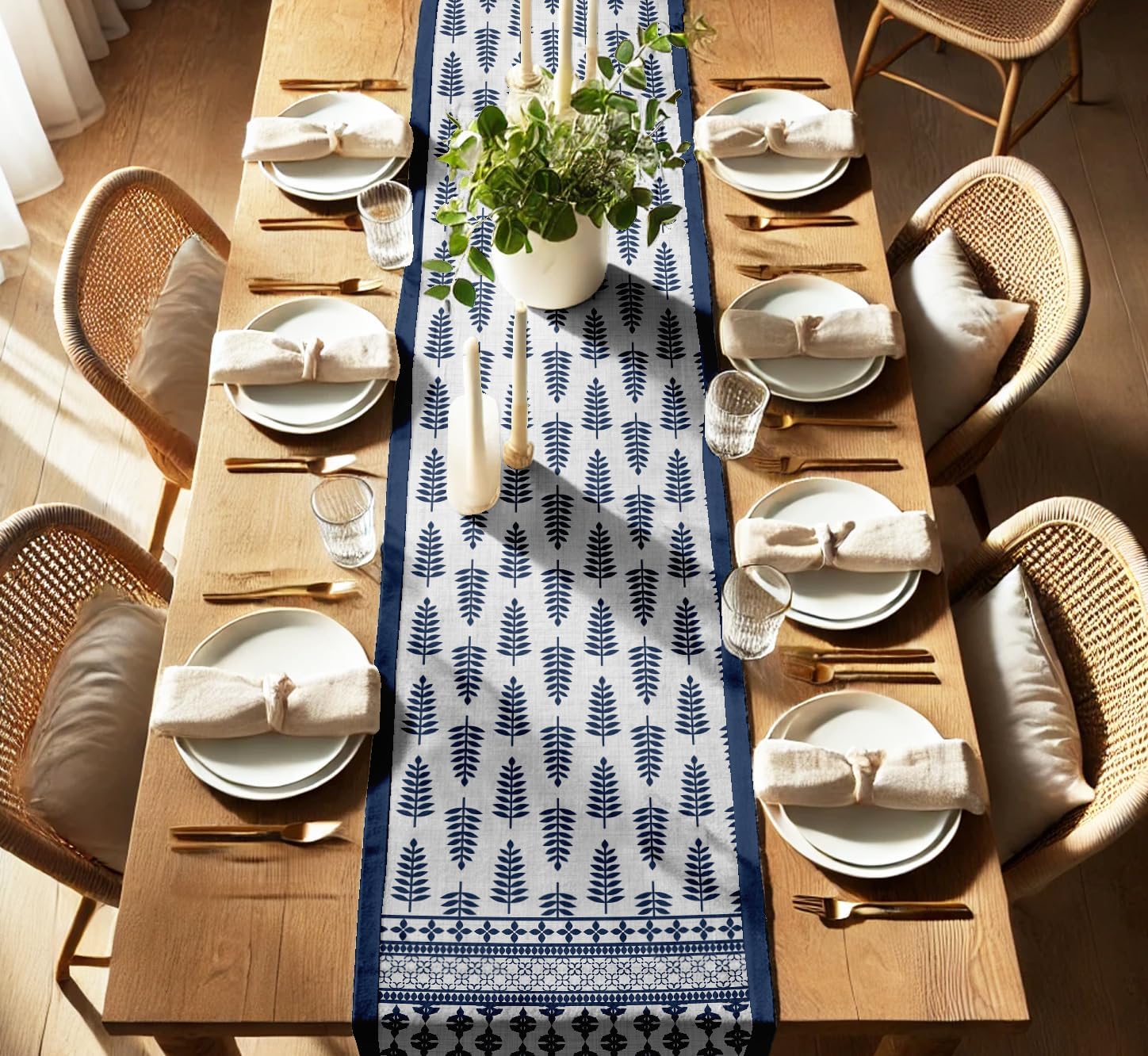 Leaves Design Cotton Table Runner by Vargottam - Double Layer with Border - Washable Runner - Decorative Table Linen for Dining & Everyday Use