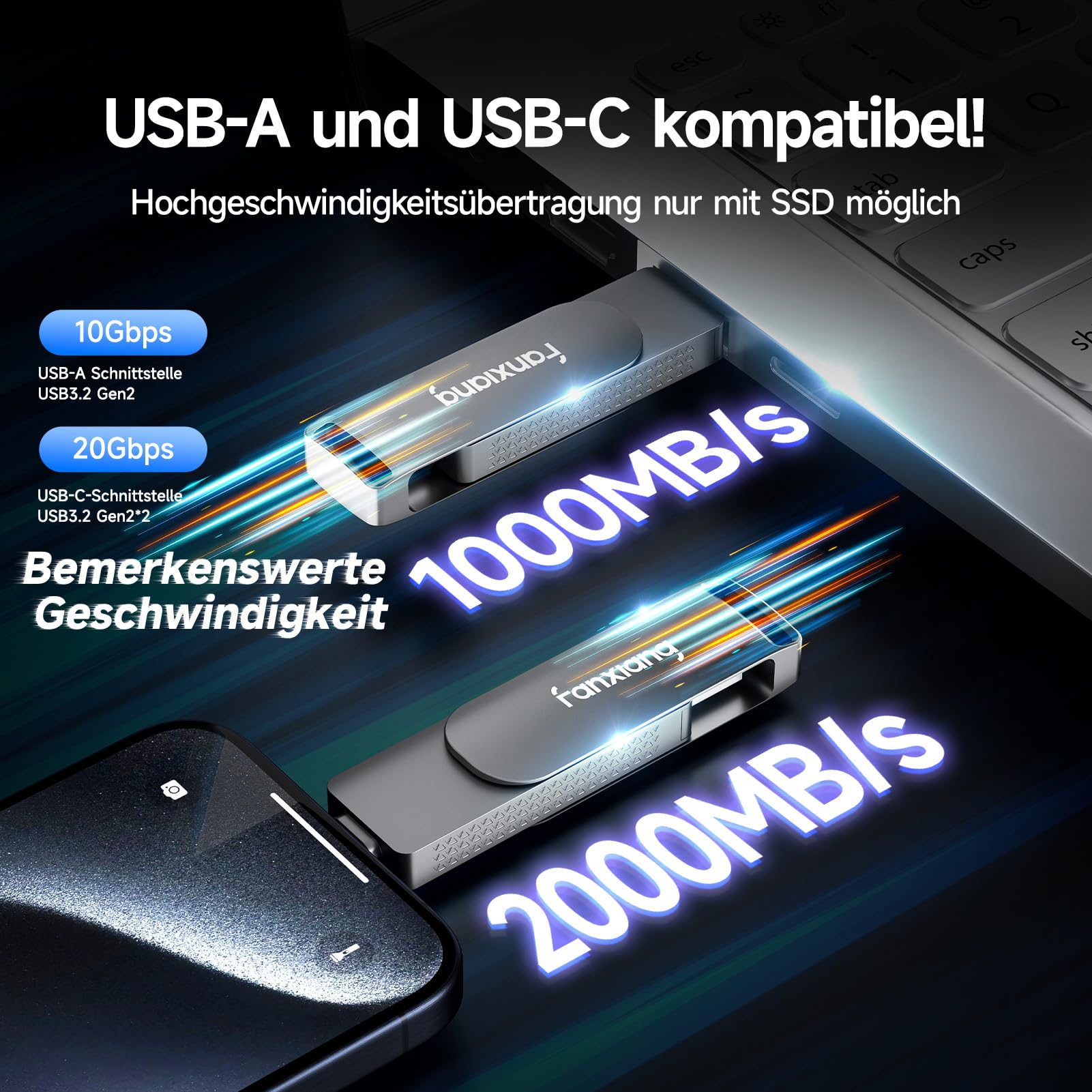fanxiang Externer SSD 512 GB bis zu 2000 MB/s, USB-C + USB-A 3.2 Gen2