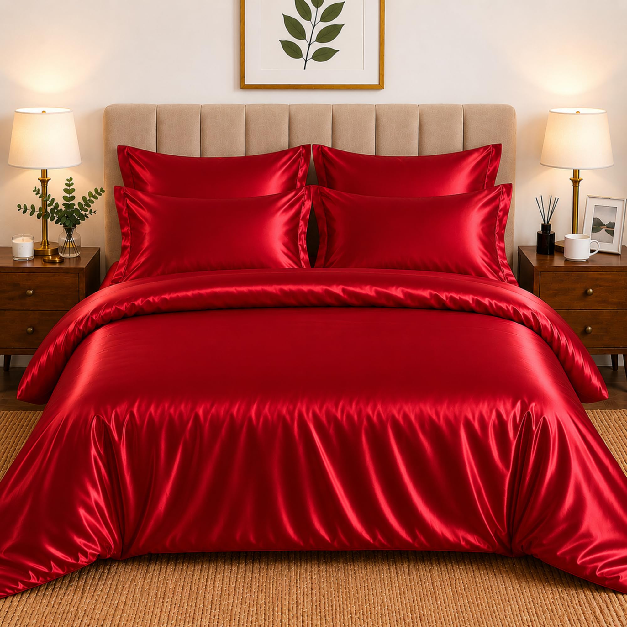 CHARKHAH Satin Silk 6 Piece Complete Bedding Set Durable Silky Fabric with Single Double King Size Bed Fitted Sheet Duvet Cover Comforter and 4 Pillow Cases (Super King, Red) — image 1