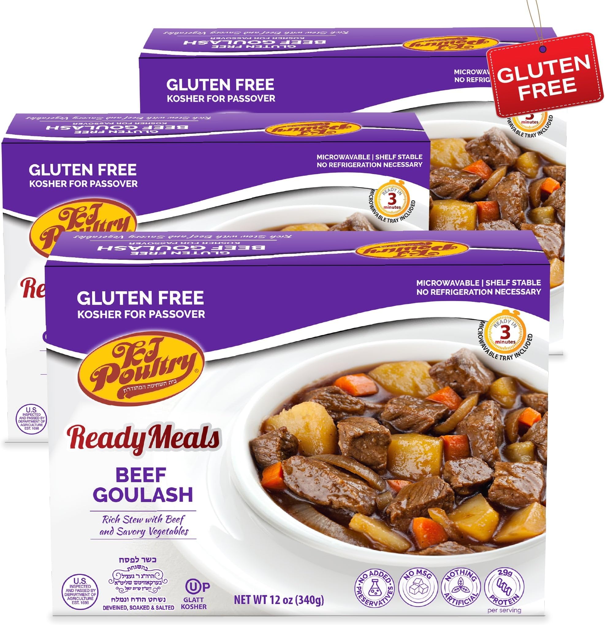 Kosher for Passover Gluten Free Meals, Beef Goulash Stew with Vegetables (3 Pack) Prepared Entree Fully Cooked, Shelf Stable Microwave Dinner, Travel, Military, Camping, Emergency Survival