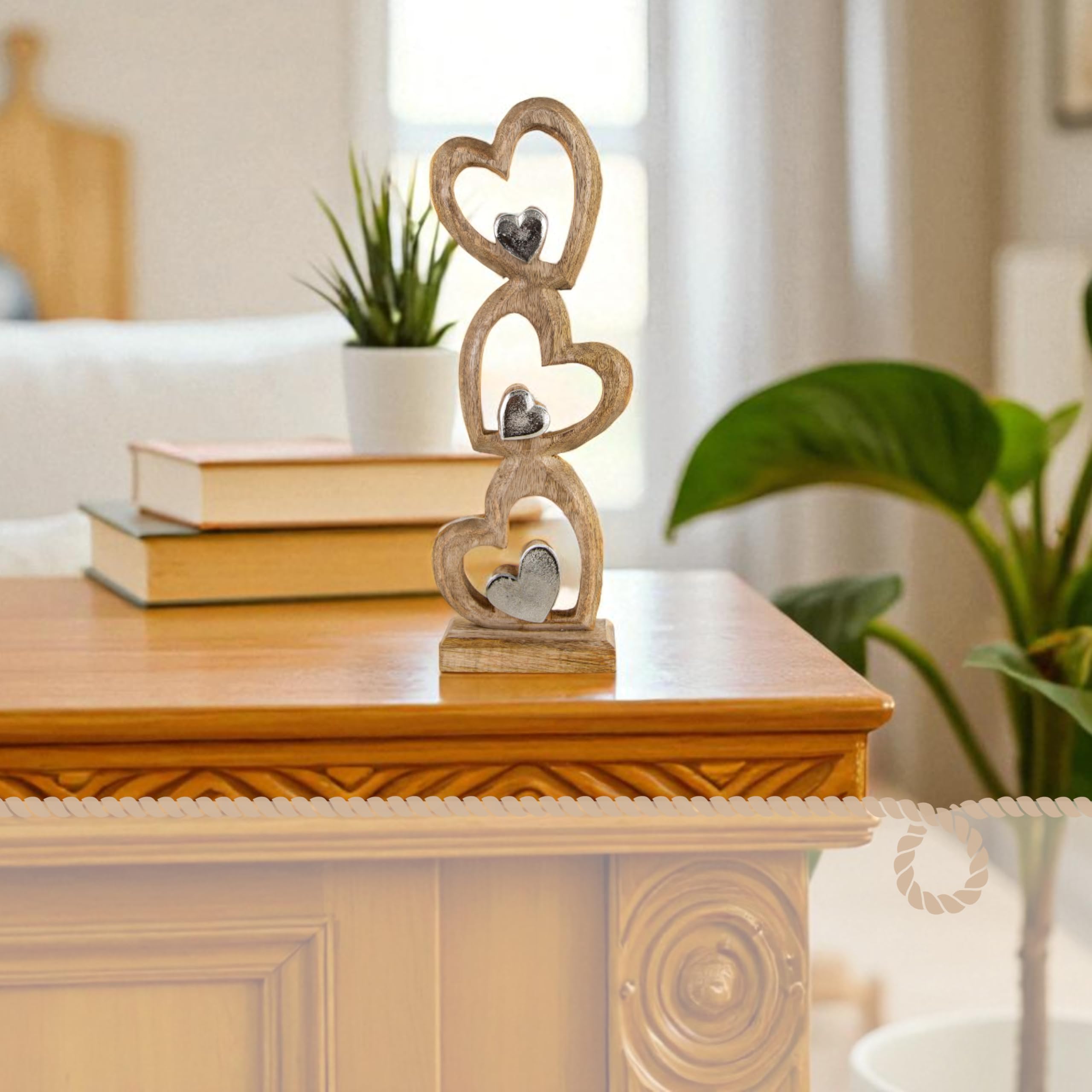 Scultura decorativa cuori: figura da appoggio in metallo e legno, decoro moderno per soggiorno ingresso camera, idea regalo matrimonio compleanno nuova fase della vita, 45 × 16 × 7 cm