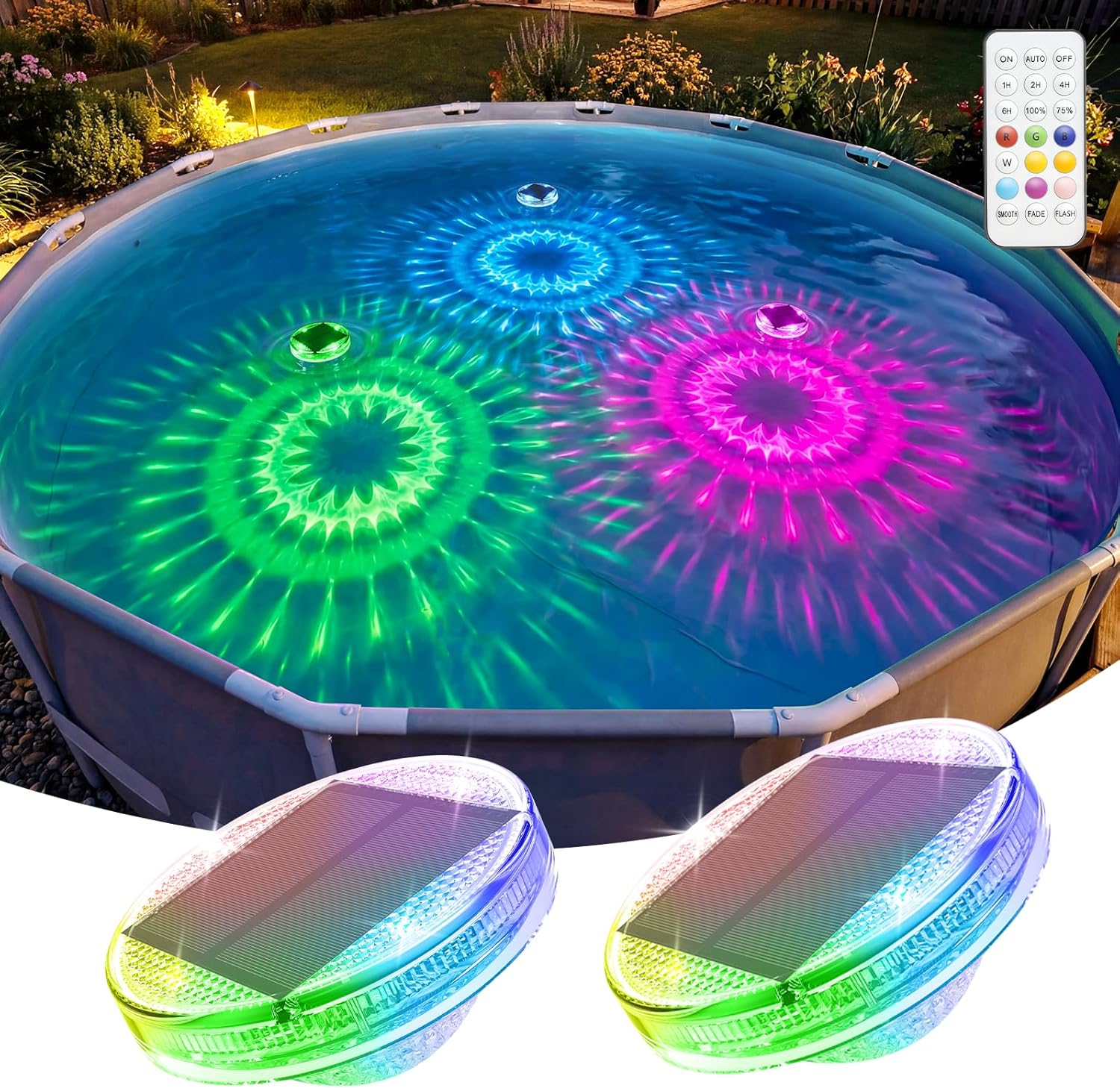 NIORSUN Floating Solar Pool Lights(2 Pack), IP68 Waterproof Solar Powered Pool Lights with Remote Control & Timer, 9 Lighting Colors& 3 Modes Floating Light for Inground Above Ground Pool, Hot Tubs
