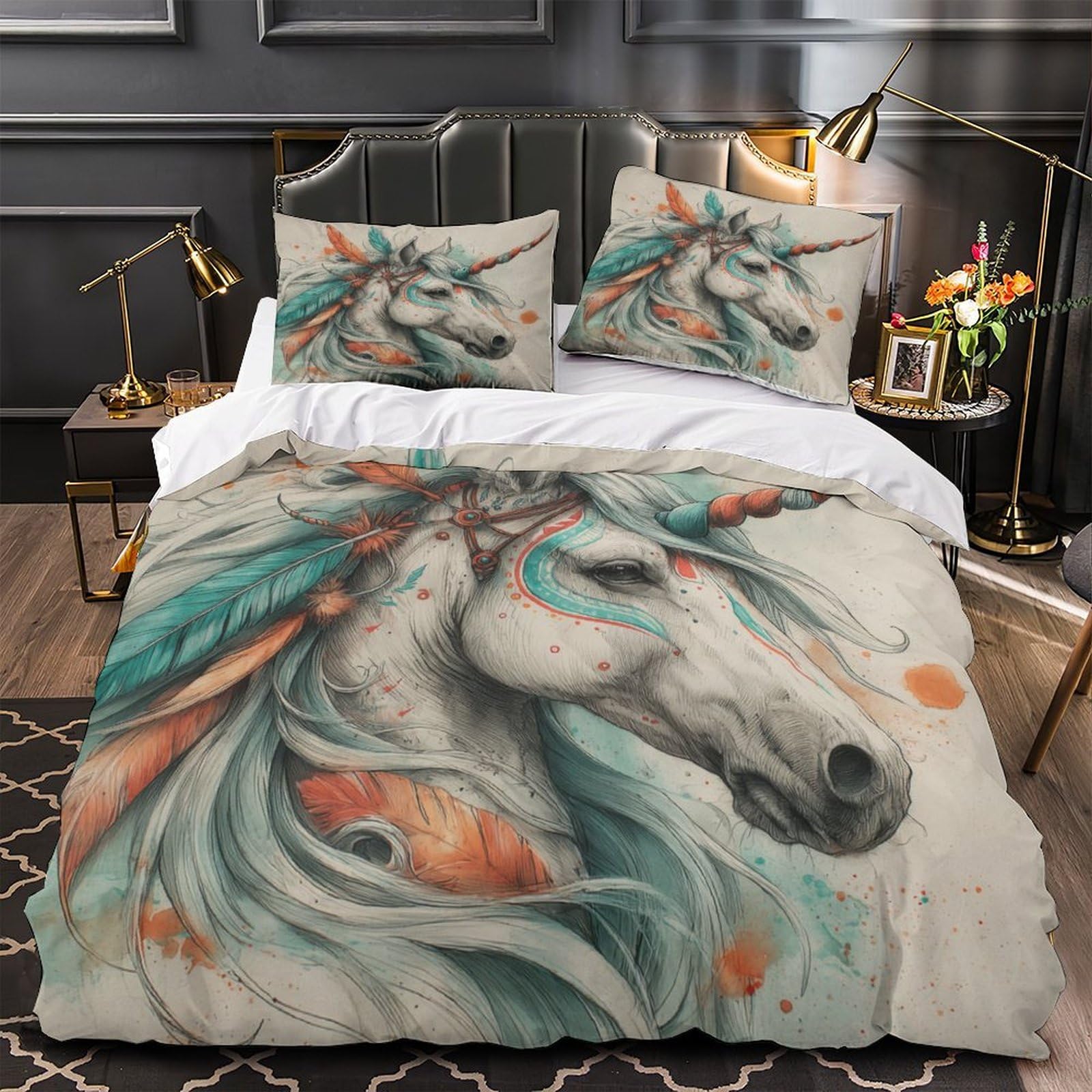Set Biancheria da Letto Unicorno Fantasia Stampa 3D Copripiumino Microfibra Decorazione Camera Unicorno Morbido Traspirante Idea Regalo Super king（260x220cm）