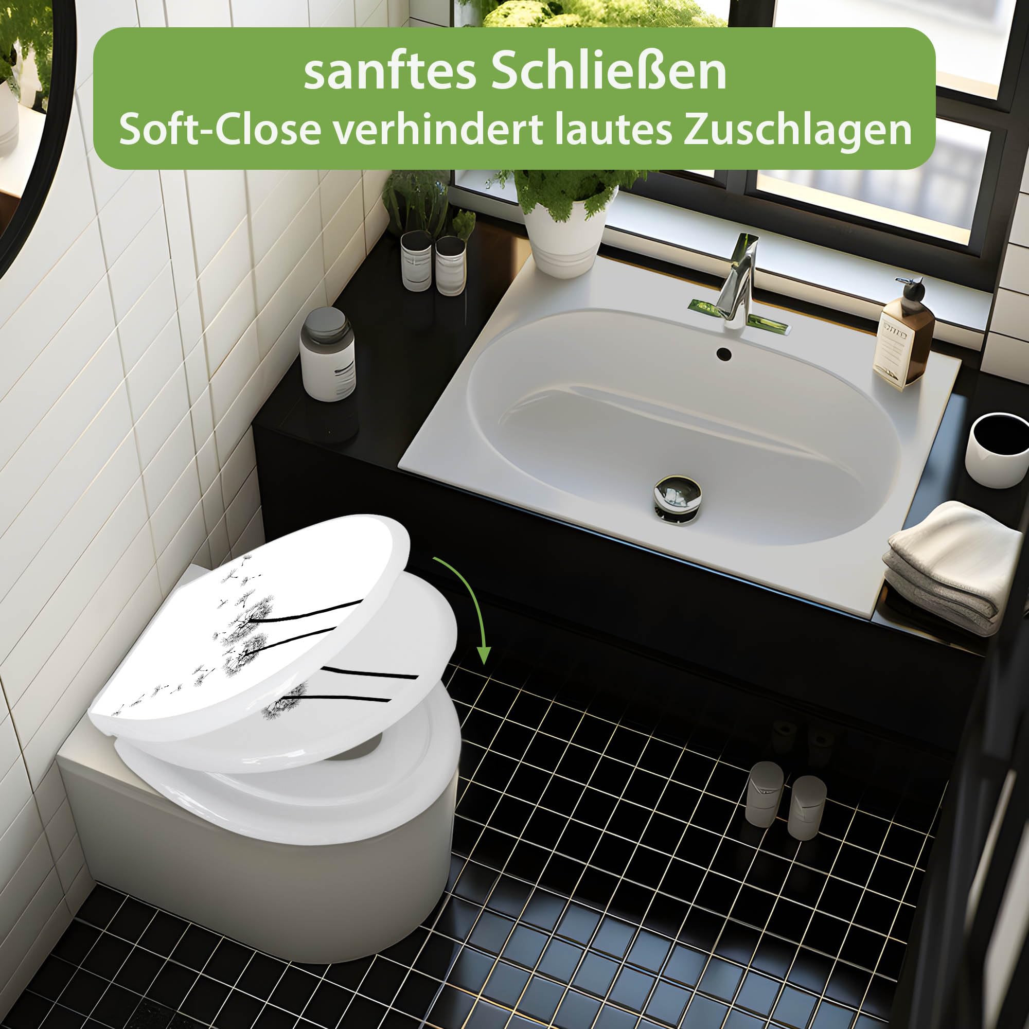 banjado Familien WC Sitz mit Absenkautomatik 44,9x37,1cm - Klobrille mit Kindersitz aus hochwertigem Polypropylen - Toilettendeckel mit Kinder Toilettensitz integriert - Motiv Pusteblume 2