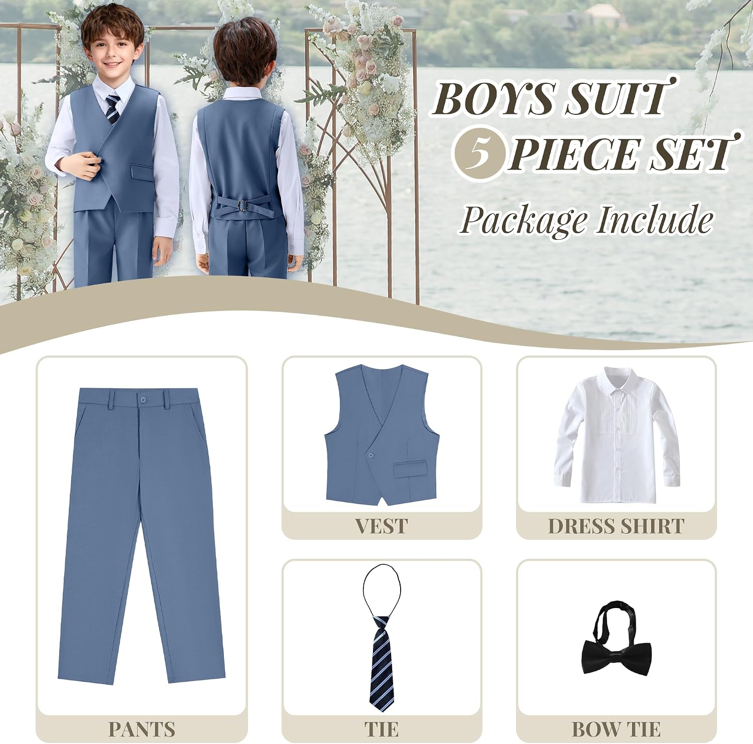 Boys 5 Piece Suit Kids Double Breasted Tuxedo Suits for Boy
