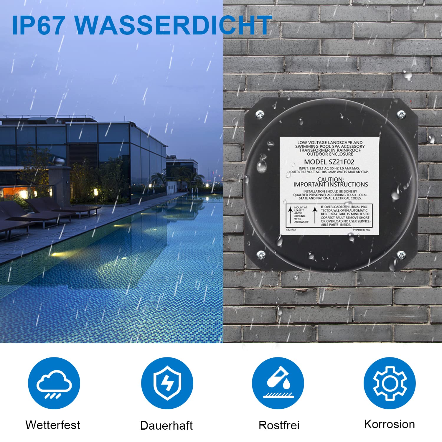 105W Poolbeleuchtung Transformator 230V AC auf 12V AC, Niederspannungs Transformator IP67 Ringtransformator für Schwimmbadbeleuchtung, Landschafts- und Springbrunnenbeleuchtung