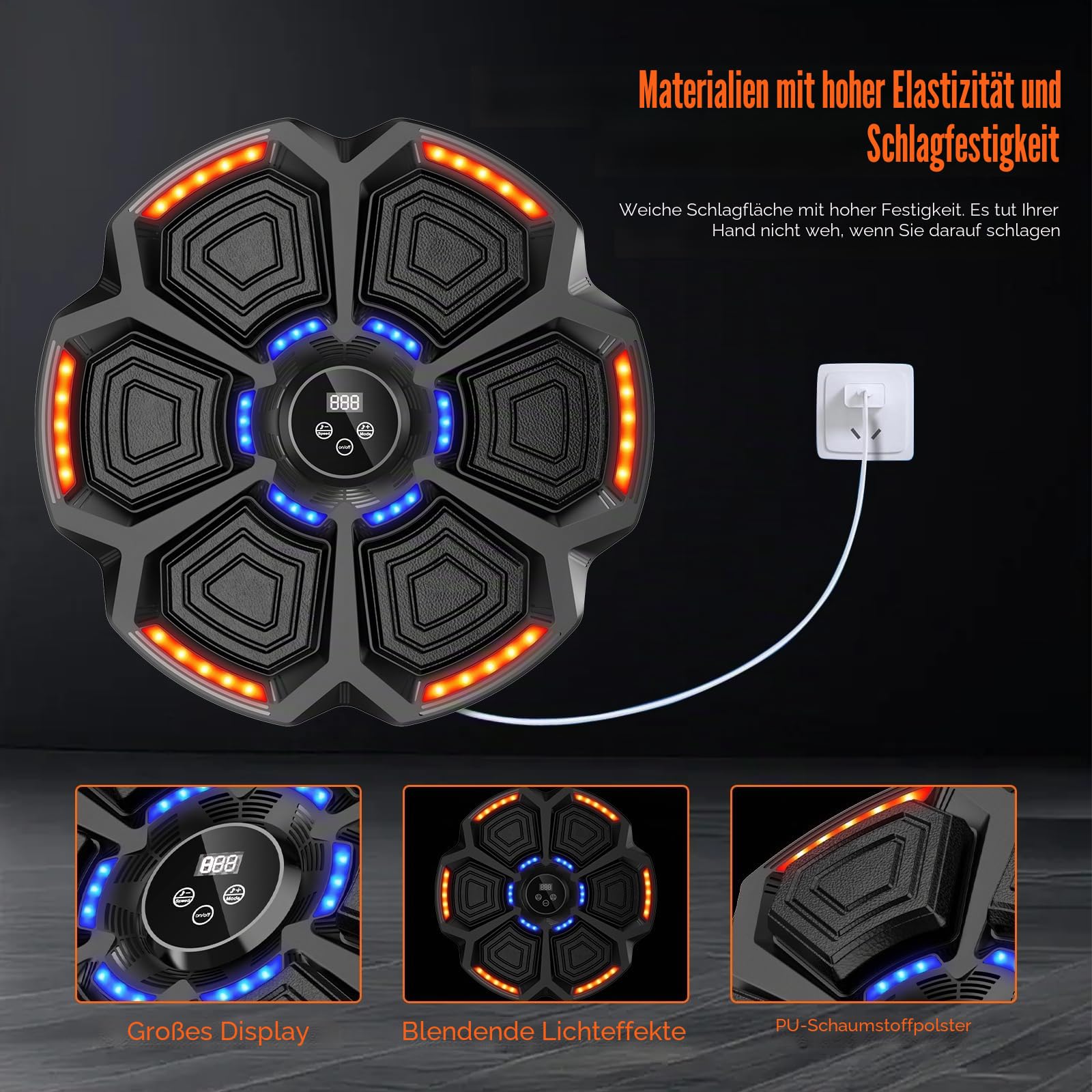 Music Boxing Machine für Erwachsene, 9 Geschwindigkeitsmodi, Musik-Boxmaschine Boxer mit Boxhandschuhen, LED Wand Schlagpolster mit Musik, unterstützt Bluetooth, Geschwindigkeitseinstellung