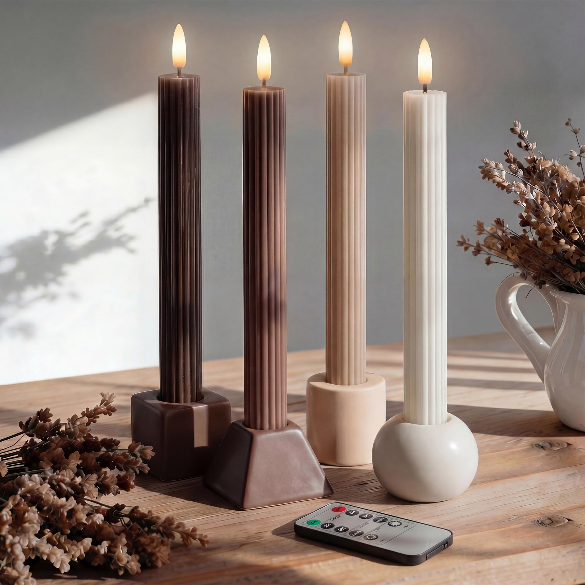 West Ivory Mocha Brown Coordinated Chocolatey 4 Pack Set, 10" LED Flameless Fluted Ribbed Grooved Taper Candles, Remote & Timer Memory, On/Off Button, Dimmable, Battery Operated, Menorah Wedding