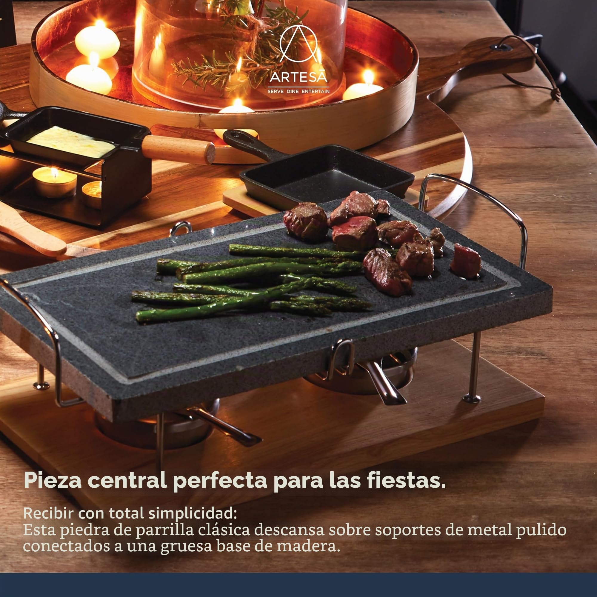 Artesa Parrilla de Piedra Caliente, Parrilla Gourmet de Sobremesa, Parrilla de Piedra para Carnes, Mariscos y Verduras, 41,5 x 22 x 15 cm - Mármol/Madera
