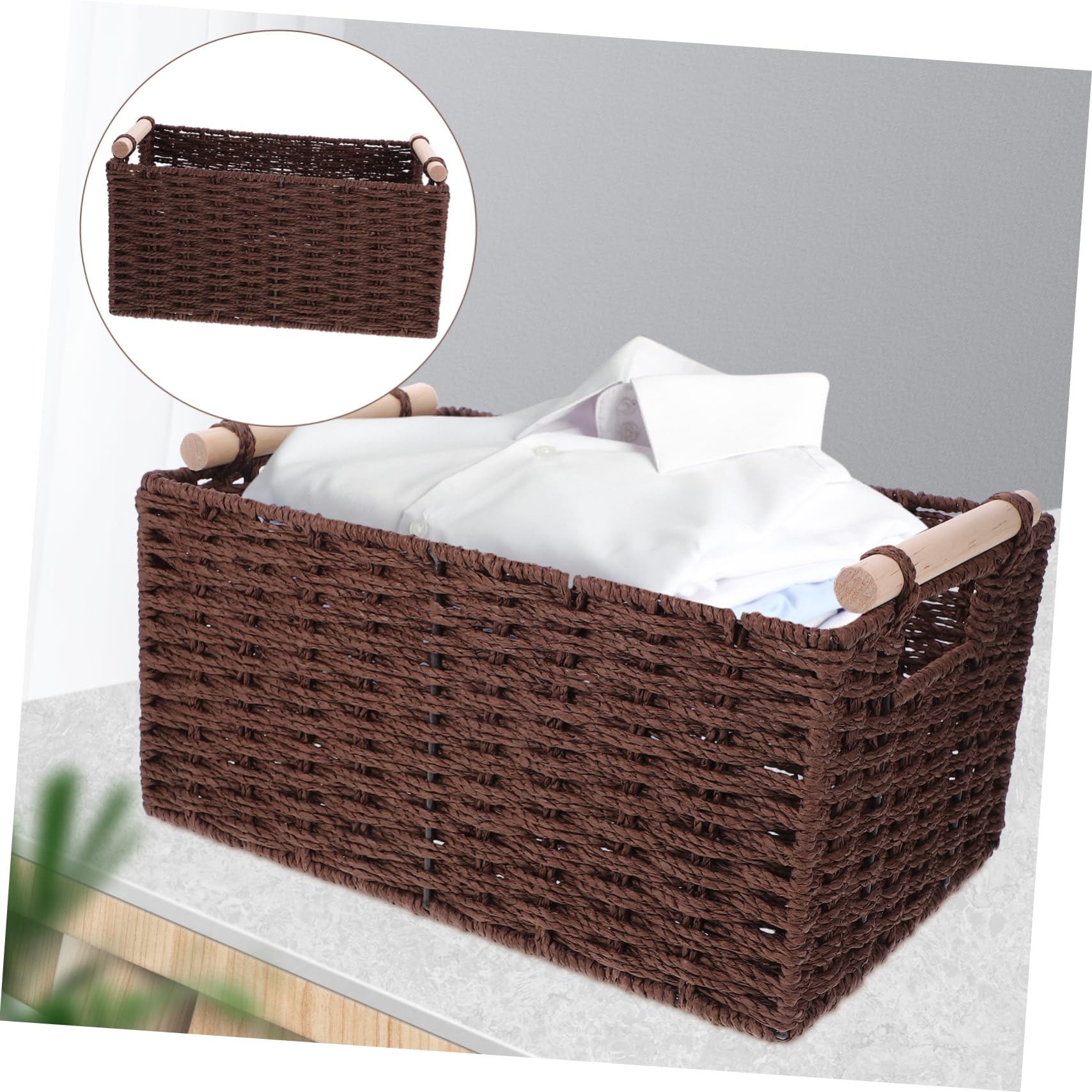 PRETYZOOM Black Small Woven Basket Handle Desktop Storage Organizer Multi-functional Home Basket