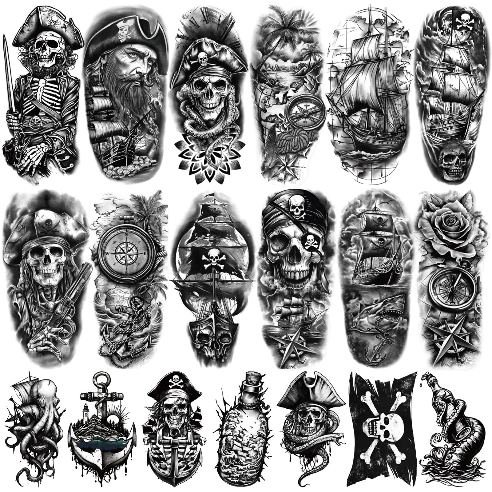 77 Sheets Pirate Temporary Tattoos Adult,Captain Anchor Compass Sailboat Tattoos, Pirate Ships Flag Skull Crossbones Sailor Fake Tattoo for Costume,