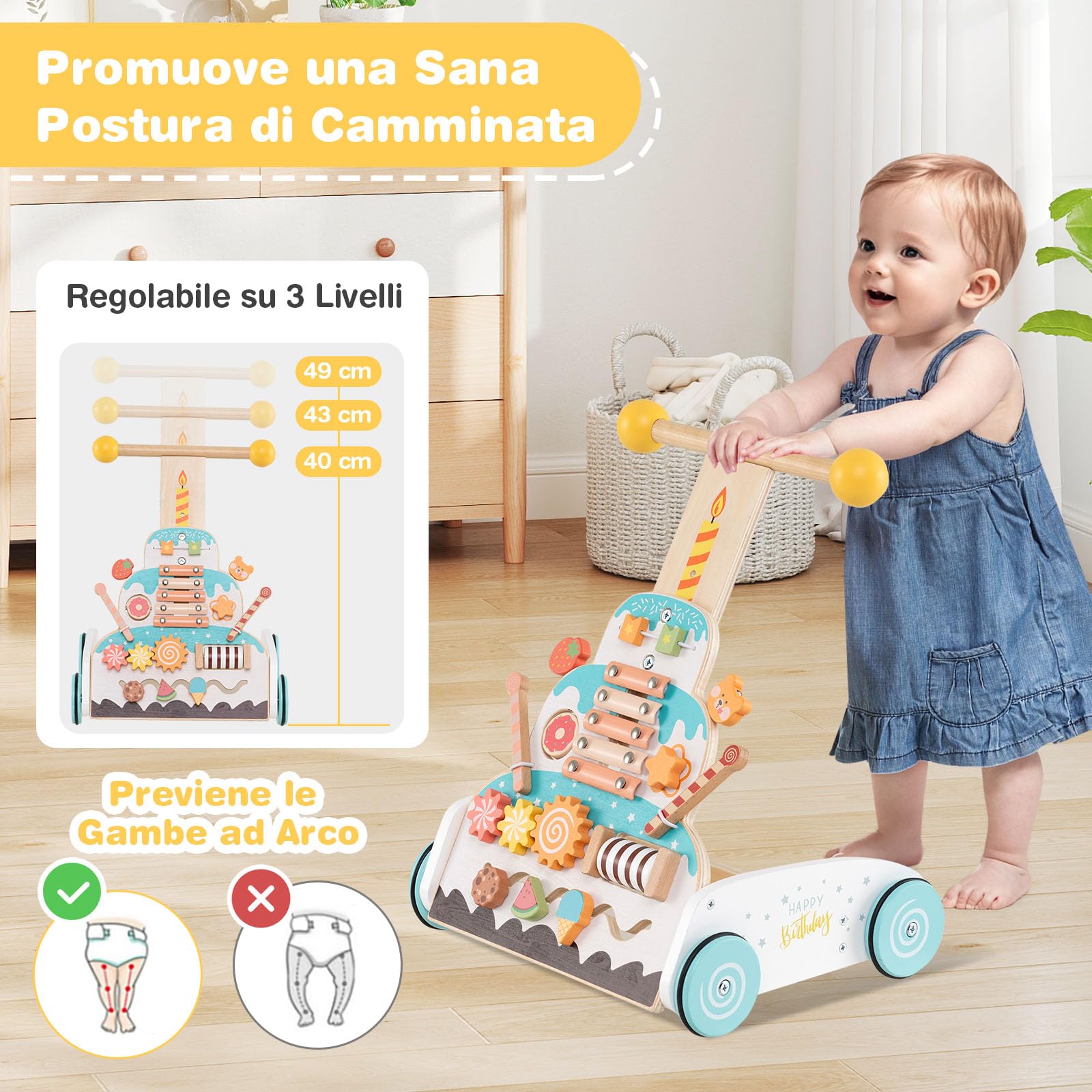 COSTWAY Carrello Primi Passi Spingitore Evolutivo Regolabile in Altezza | Girello in Legno con Xilofono, Blocchi Scorrevoli e Perline Mobili, Centro Attività per Bambini 1+ Anni