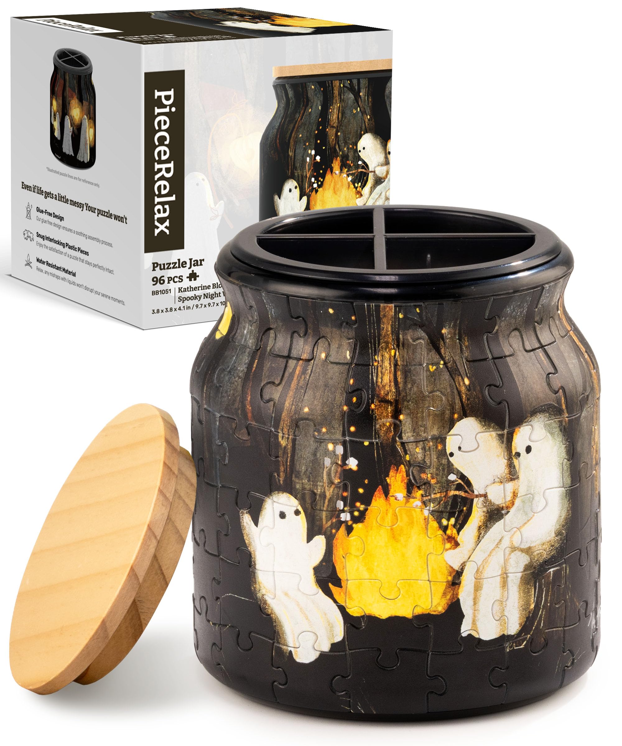 PieceRelax 3D Puzzle Jar 96 Plastic Pieces for Adults - Katherine Blower - Spooky Night Walk Use Includes Divider Pen & Utensil Holder with Wooden Lid Dining,Study Living Room Medium [BB1051]