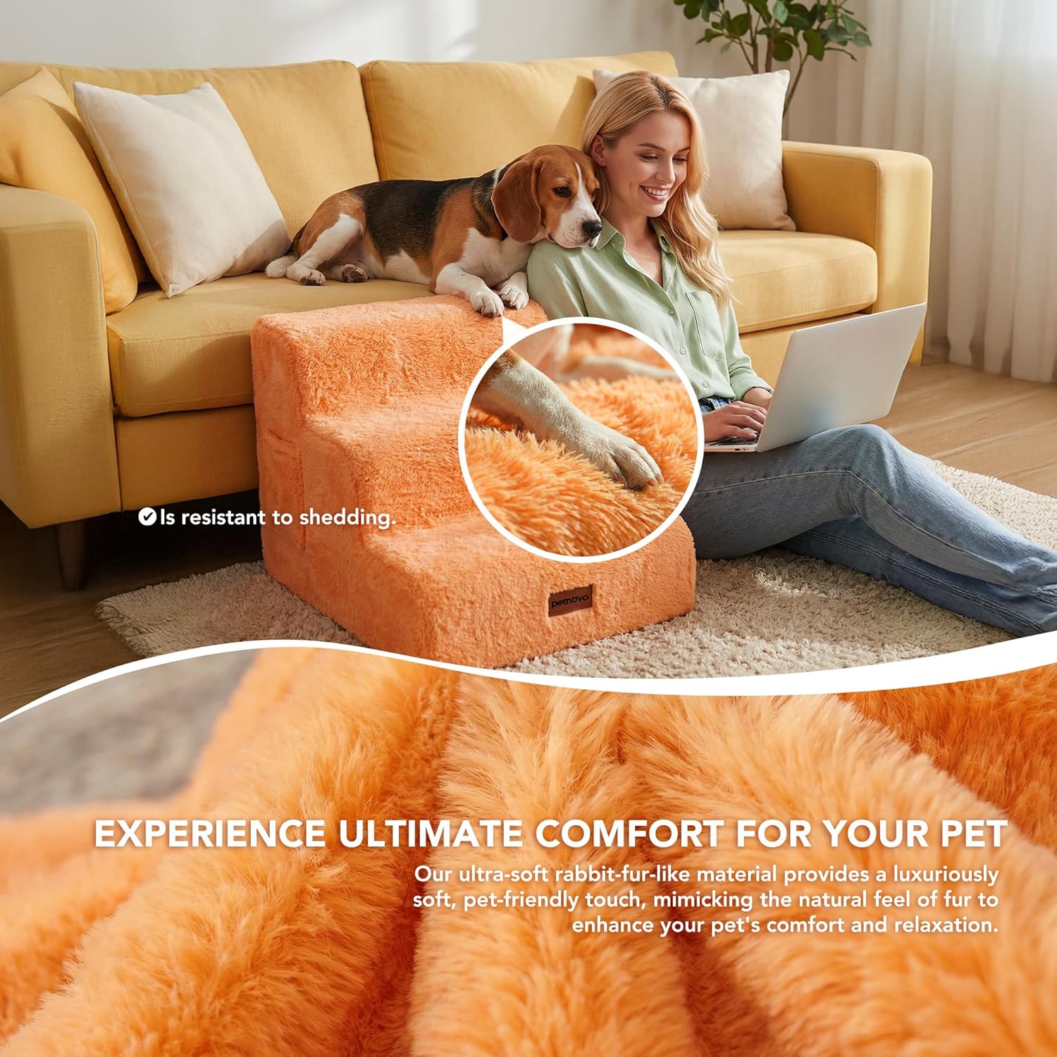 PETNOVO Ultra-Soft Rabbit Fur-Like Dog Stairs for Couch/Bed, Luxury Comfort 2-Step for Small & Senior Dogs, Non-Slip, Removable Washable Cover, Oeko-TEX Certified, 15.7" D x 15.7" Wx 11.8" H, Orange