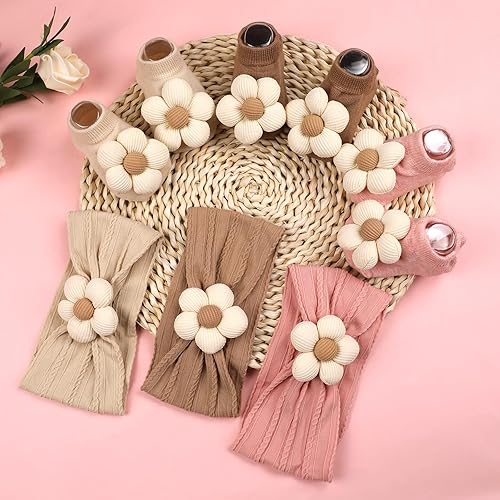Miniatura 5 de Diademas y calcetines para bebés y niñas recién nacidas, bandas para el pelo de flores para recién nacidas, calcetines antideslizantes de nailon