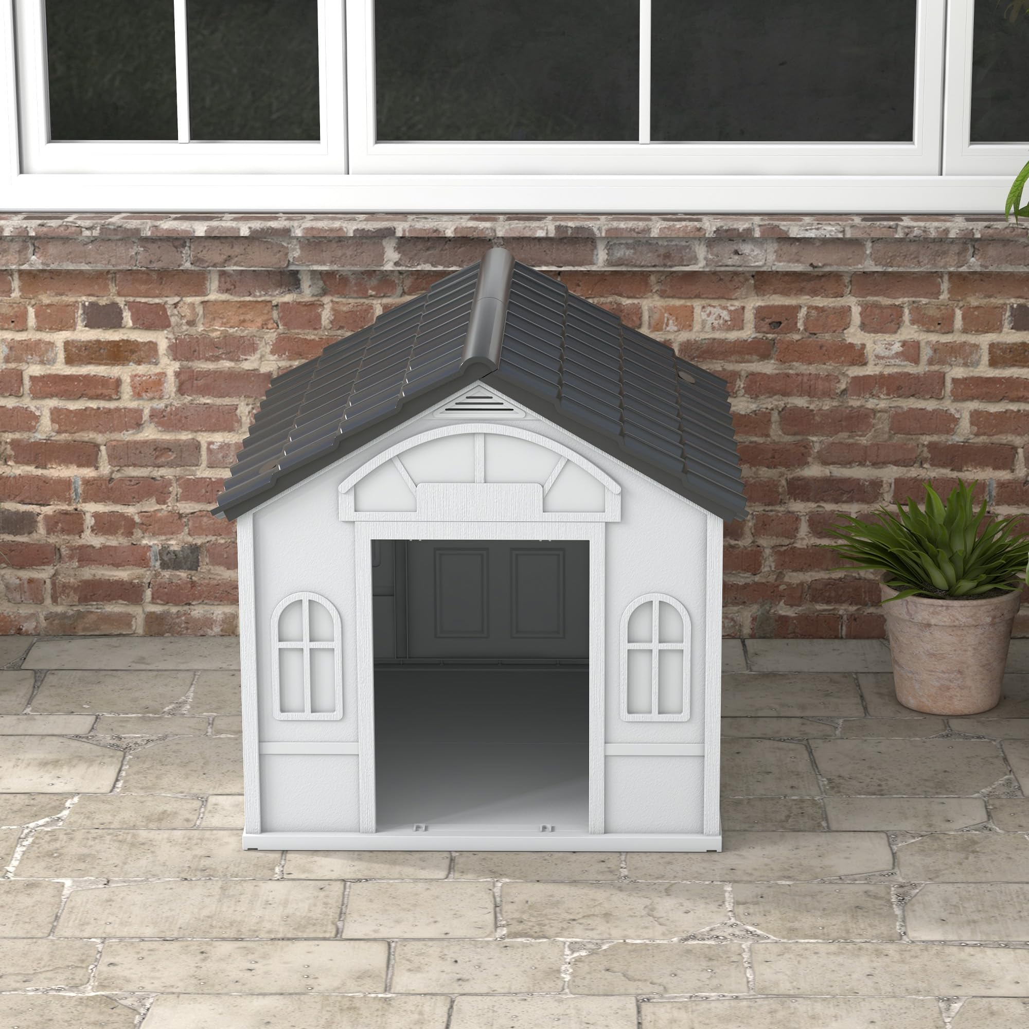 PawHut Außen-Hundehaus für große Hunde 84.2x98.2x82cm Grau | Wasserdichtes PP, Schrägdach, offene Vordertür, obere Lüftungsöffnung.