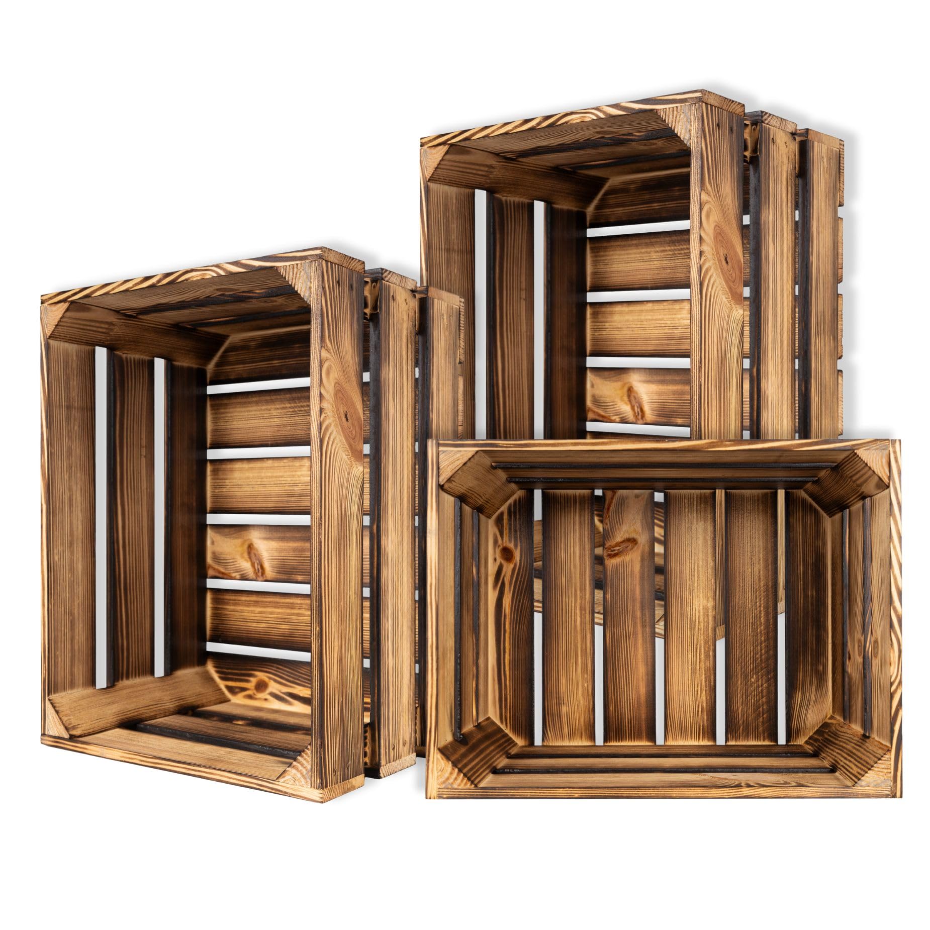 Creative Deco Flamed 3-Pack Large Wooden Crate Set | Brown Wooden Storage Crates | 40X30x23cm | Keepsake Chest Gift Box & Display Basket
