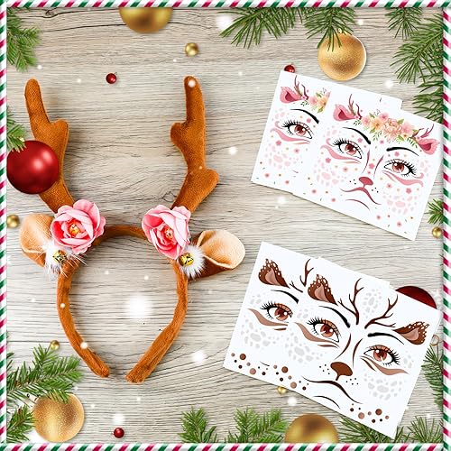 HOWAF Halloween Deer Face Tattoos Reindeer Face Stickers & Elk Antlers Headband for Deer Costume Women & Girls, Pink Reindeer Ears Headband Fawn Horn Antlers Head Wear Fawn Temporary Tattoos