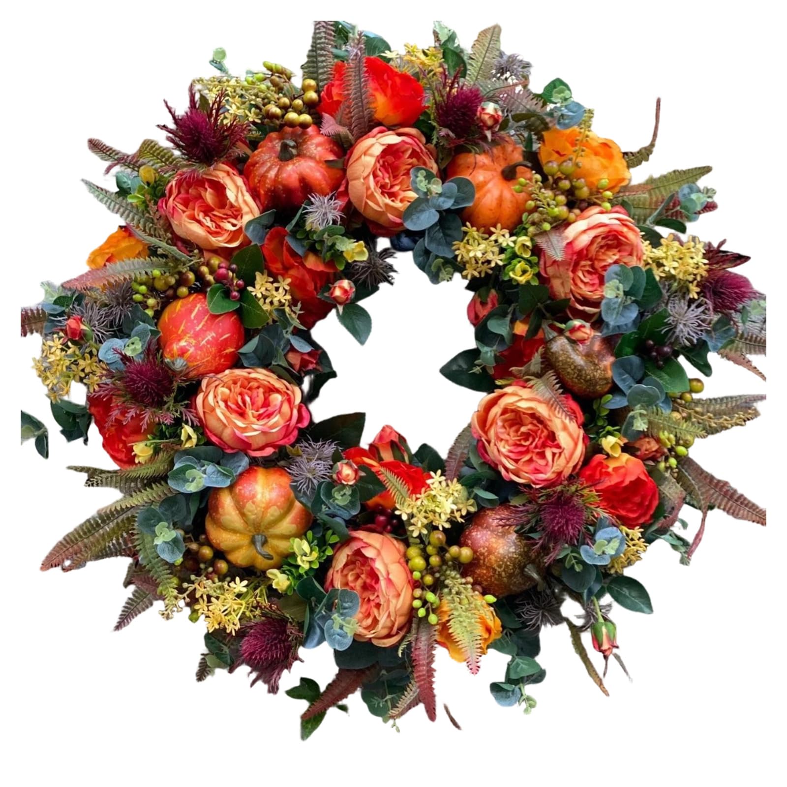 KAQNTUD Easy to install plastic door wreath with pumpkins, peonies and safe design for Christmas, Halloween, Thanksgiving, years of round house wreath