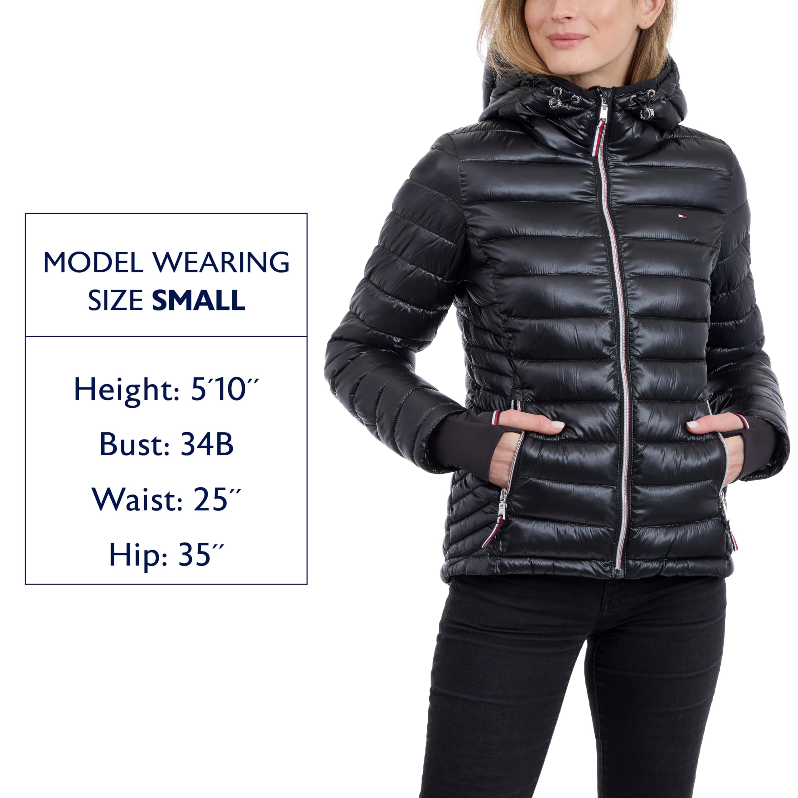 Tommy Hilfiger Leichte verstaubare Pufferjacke für Damen mit Kapuze und Tasche