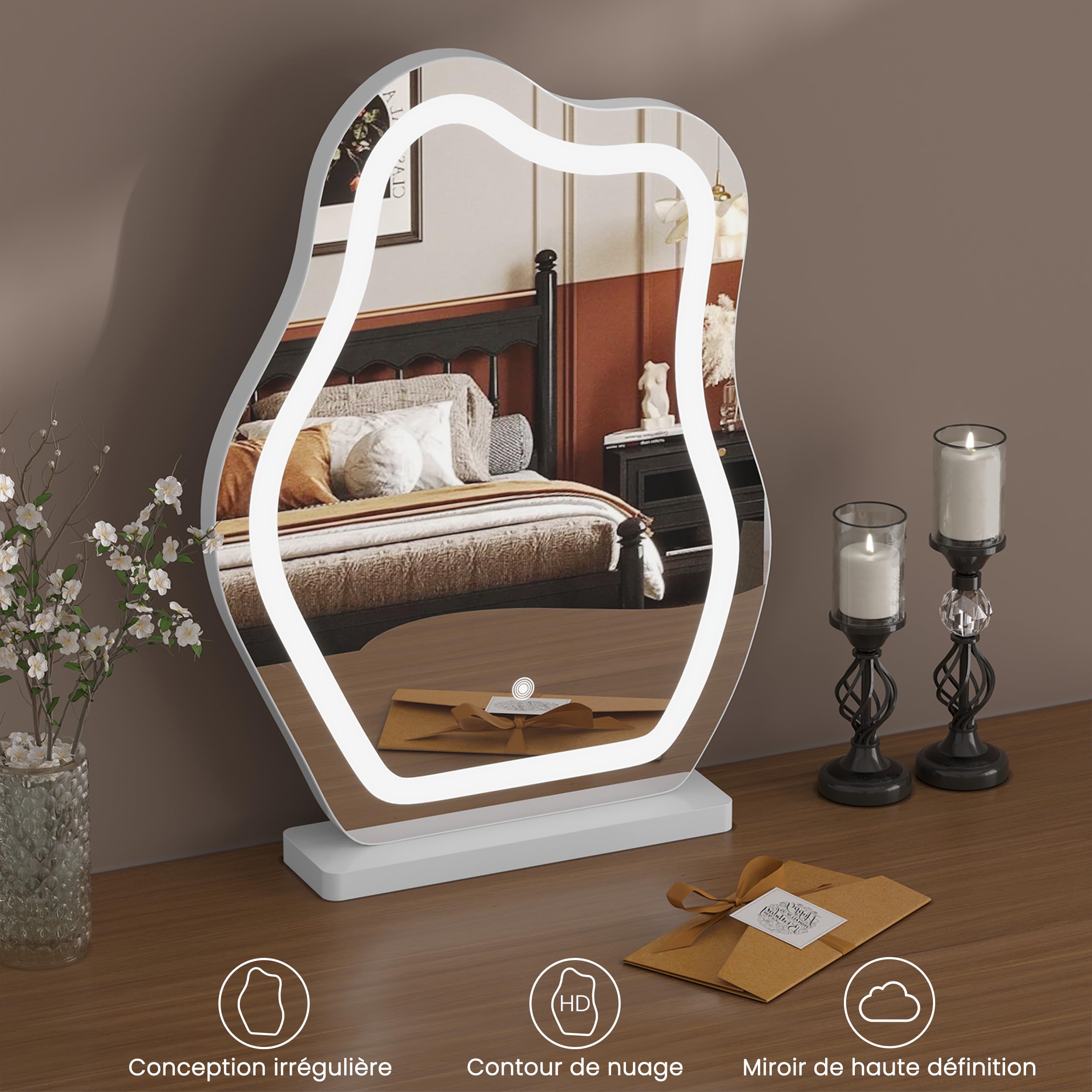 WOLTU Miroir Coiffeuse LED, 3 Niveaux d'Éclairage + Luminosité Réglable, Miroir Irrégulier en Forme de Nuage, 40x54 cm, MB6121ws