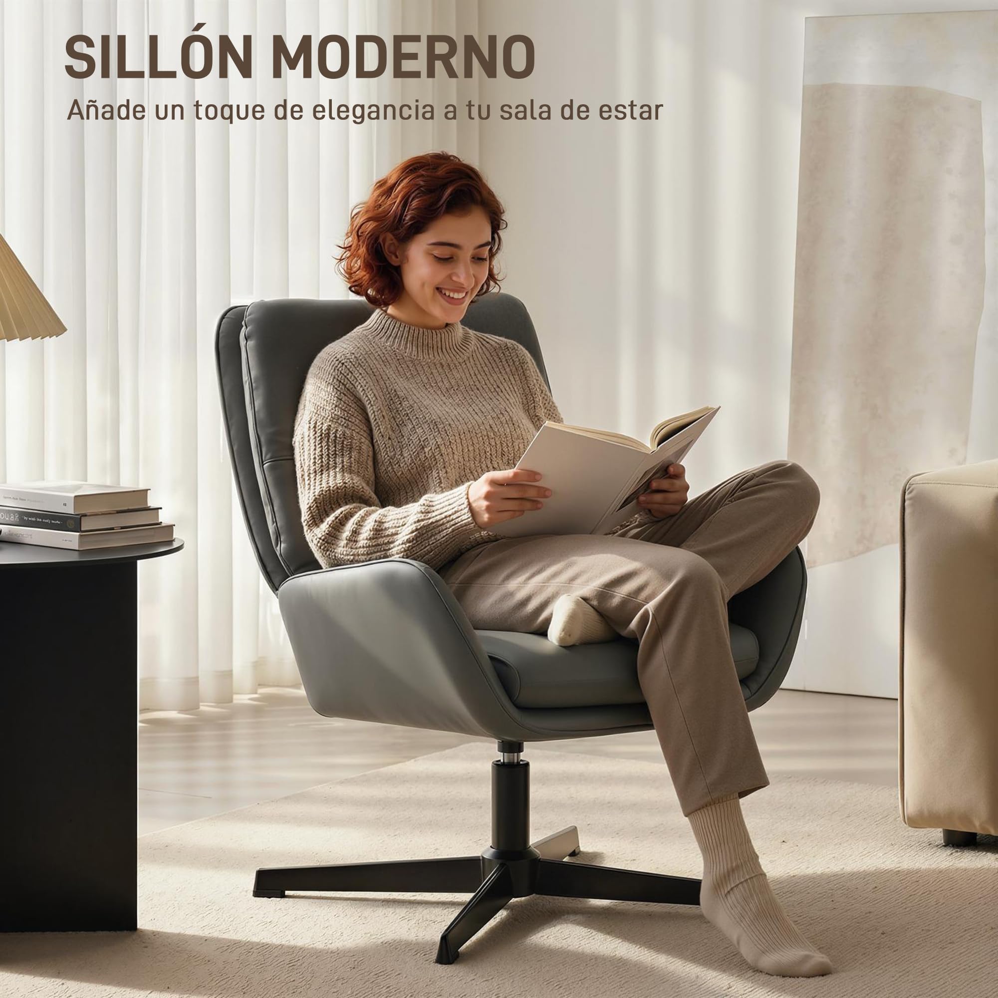 HOMCOM Sillón Giratorio, Butaca de Salón Tapizado en PU, Sillón Lectura con Asiento Acolchado, Reposabrazos, Patas Metálicas, para Sala de Estar, Dormitorio, Gris