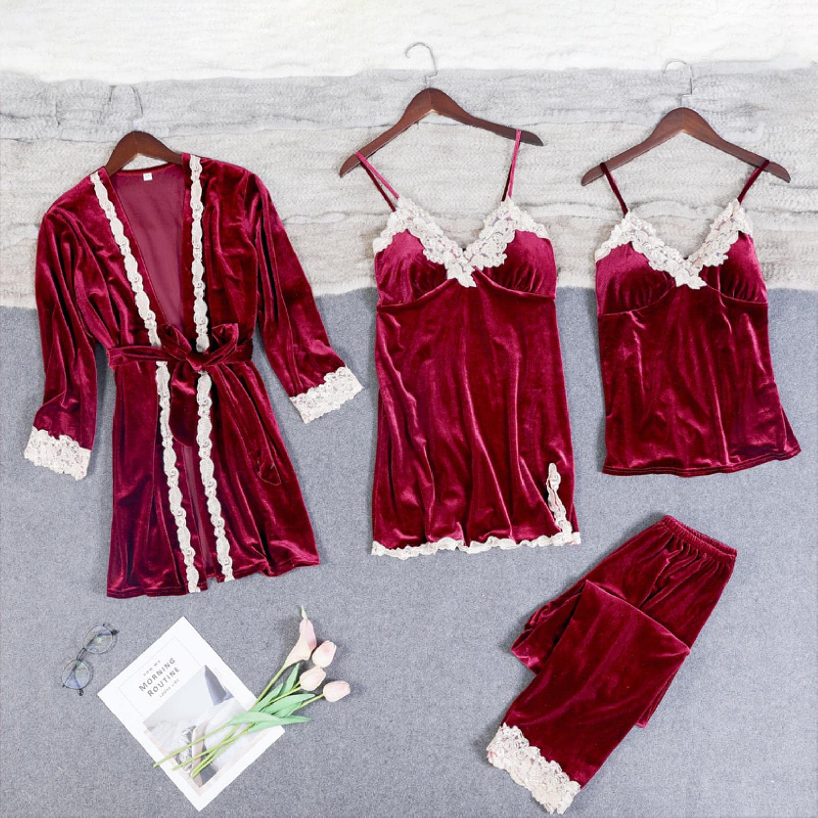 Pigiama Calda Pigiama Invernale Set Oro Velluto Oro 4 Pezzi Donne Sexy Pizzo Abito in Pizzo Pigiama Kit da Notte Kit da Notte Senza Maniche
