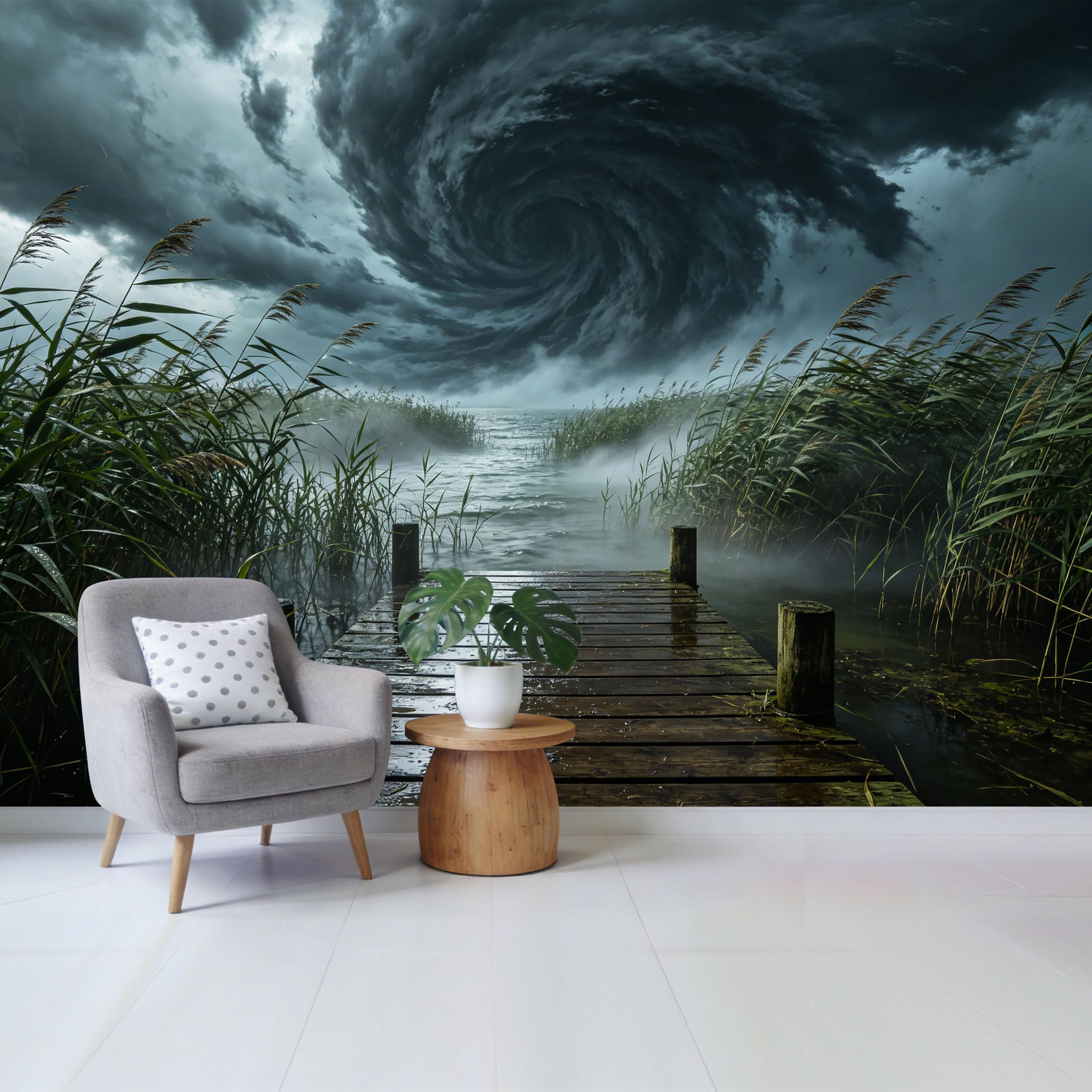 Custom Size Wall Mural Stormy Ocean Vortex Landscape with Wooden Pier and Reeds Removable Self Adhesive Fabric， Home Wall Decor for Living Room Bedroom Bathroom