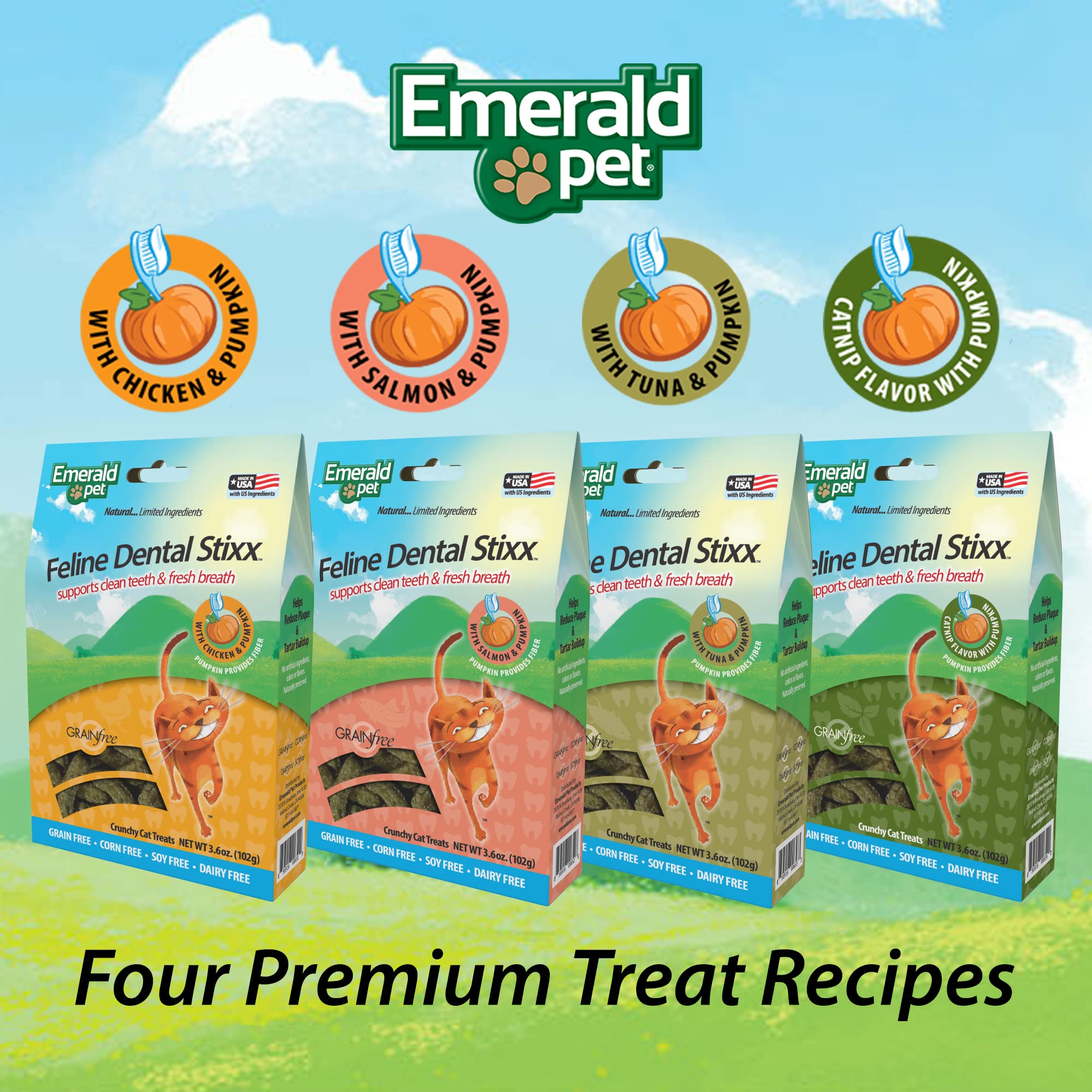 Emerald Pet Feline Dental Stixx — Tasty and Crunchy Cat Sticks with Pumpkin for Digestive Health — Natural Grain Free Dental Treats for Clean Teeth and Fresh Breath — Salmon, 3.6 oz - image 7